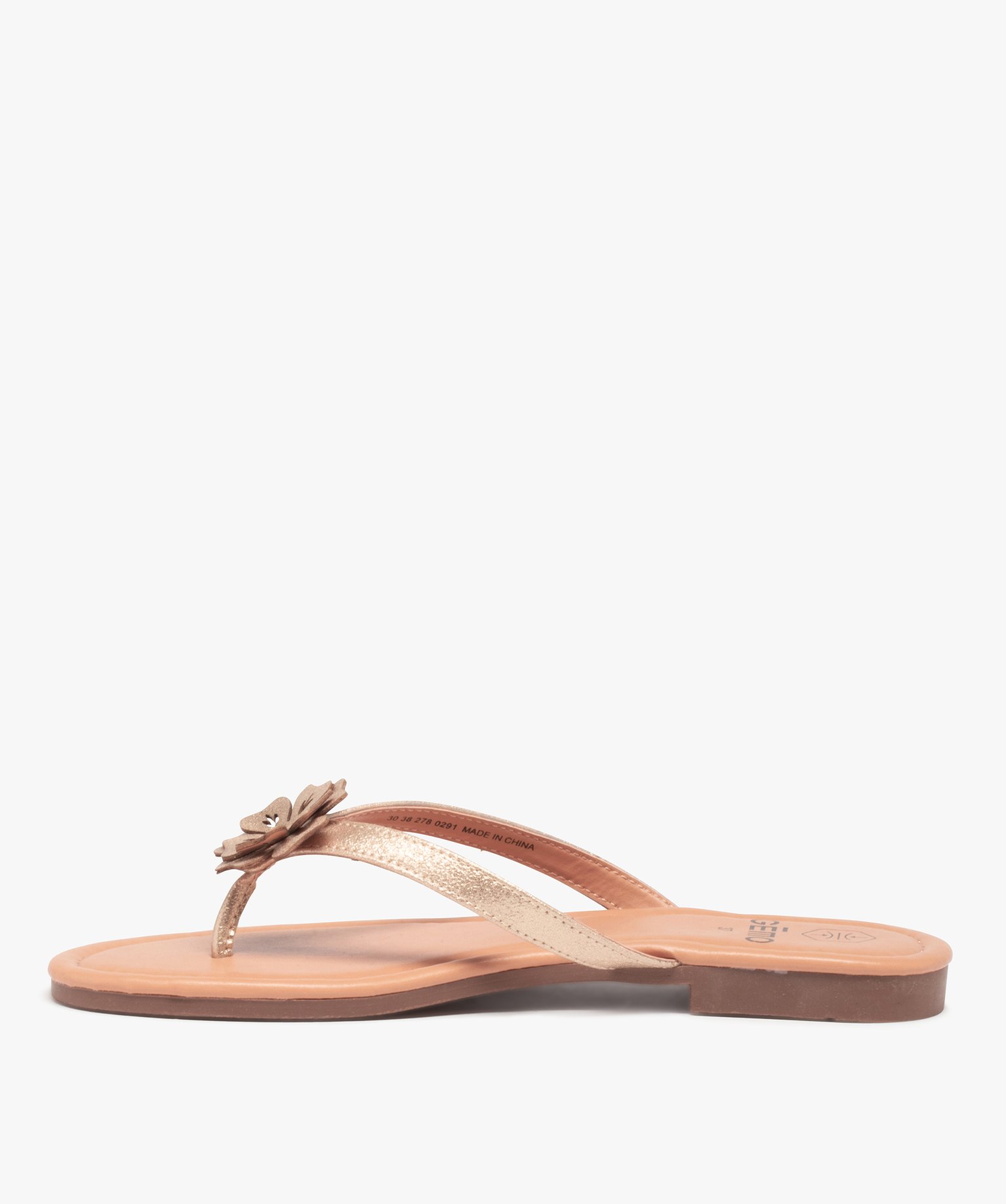 Tongs femme à petit talon plat et fleur sur l’entre-doigts or | GEMO