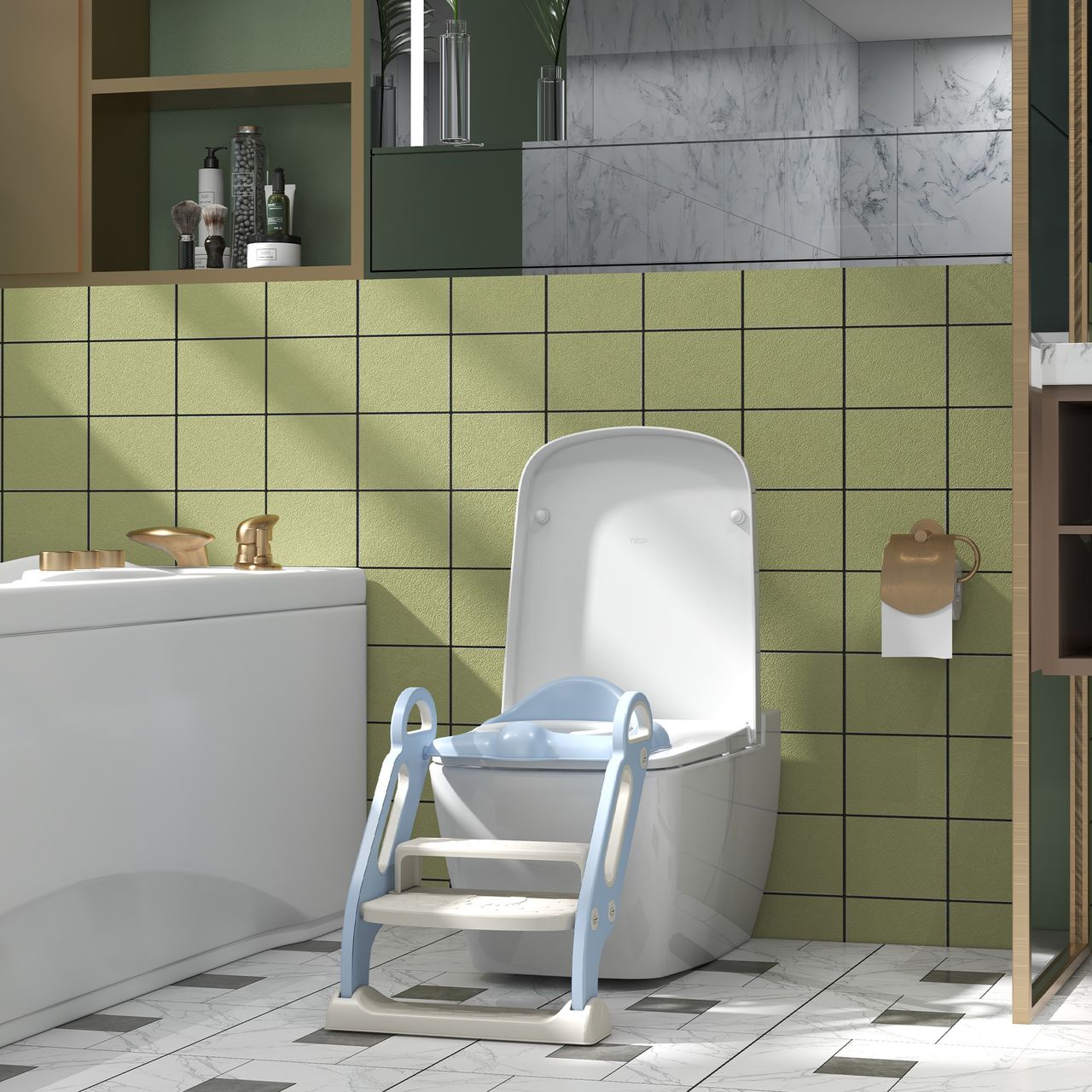 ZONEKIZ Kinder Toilettensitz, klappbarer Toilettentrainer mit Treppe, Griff Blau