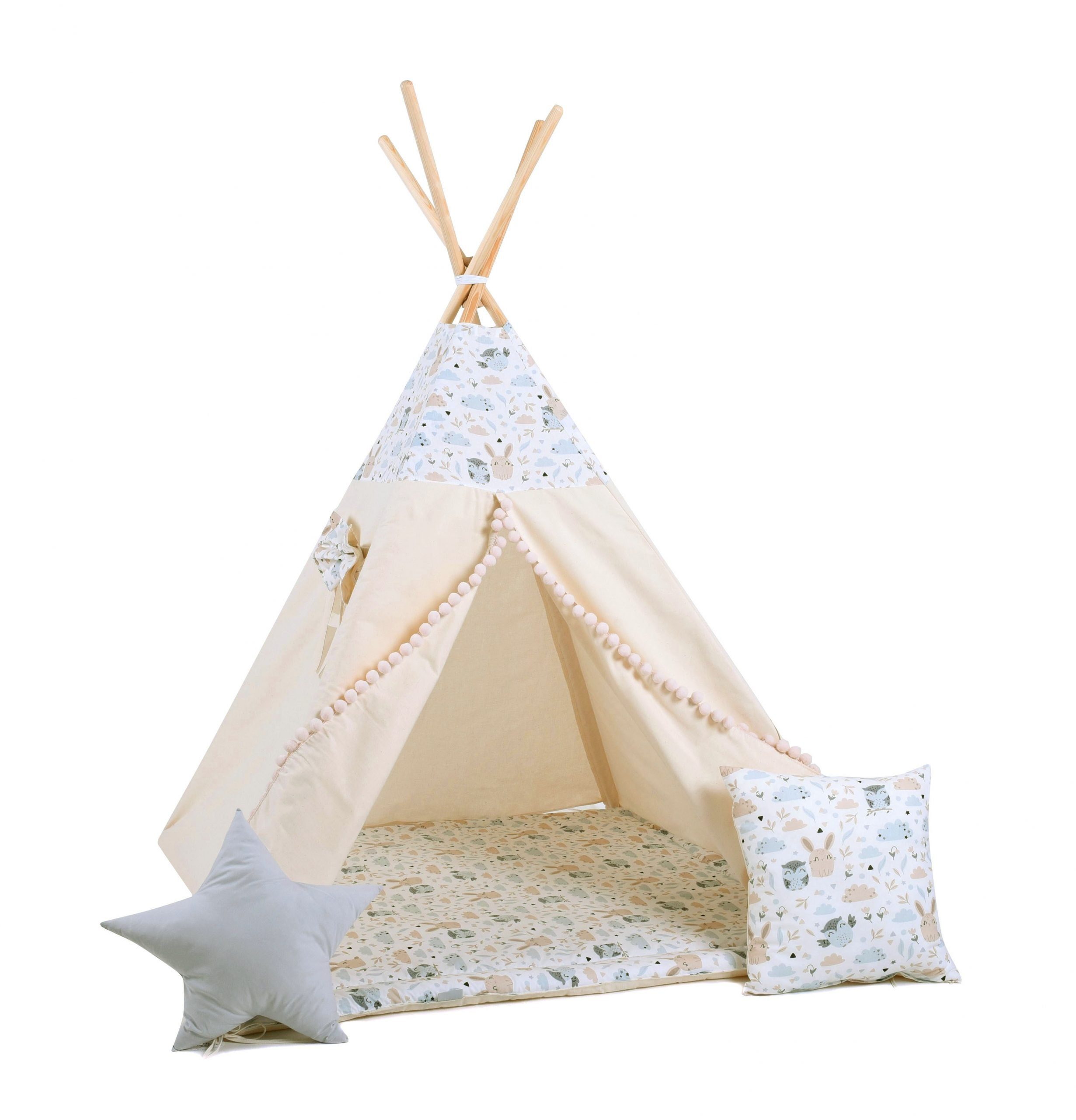 Rainbow Kids Tipi-Zelt Eulchen und Hasi, Personen: 2 (mit kleinem Zubehör, 4 tlg., mit 2 Kissen und Matte)
