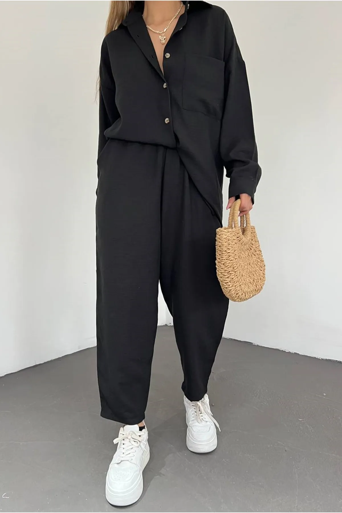 lovebox  Damen-Set aus Leinenstoff mit Taschendetail, Übergröße, doppeltes schwarzes Hemd und Hose, 10277