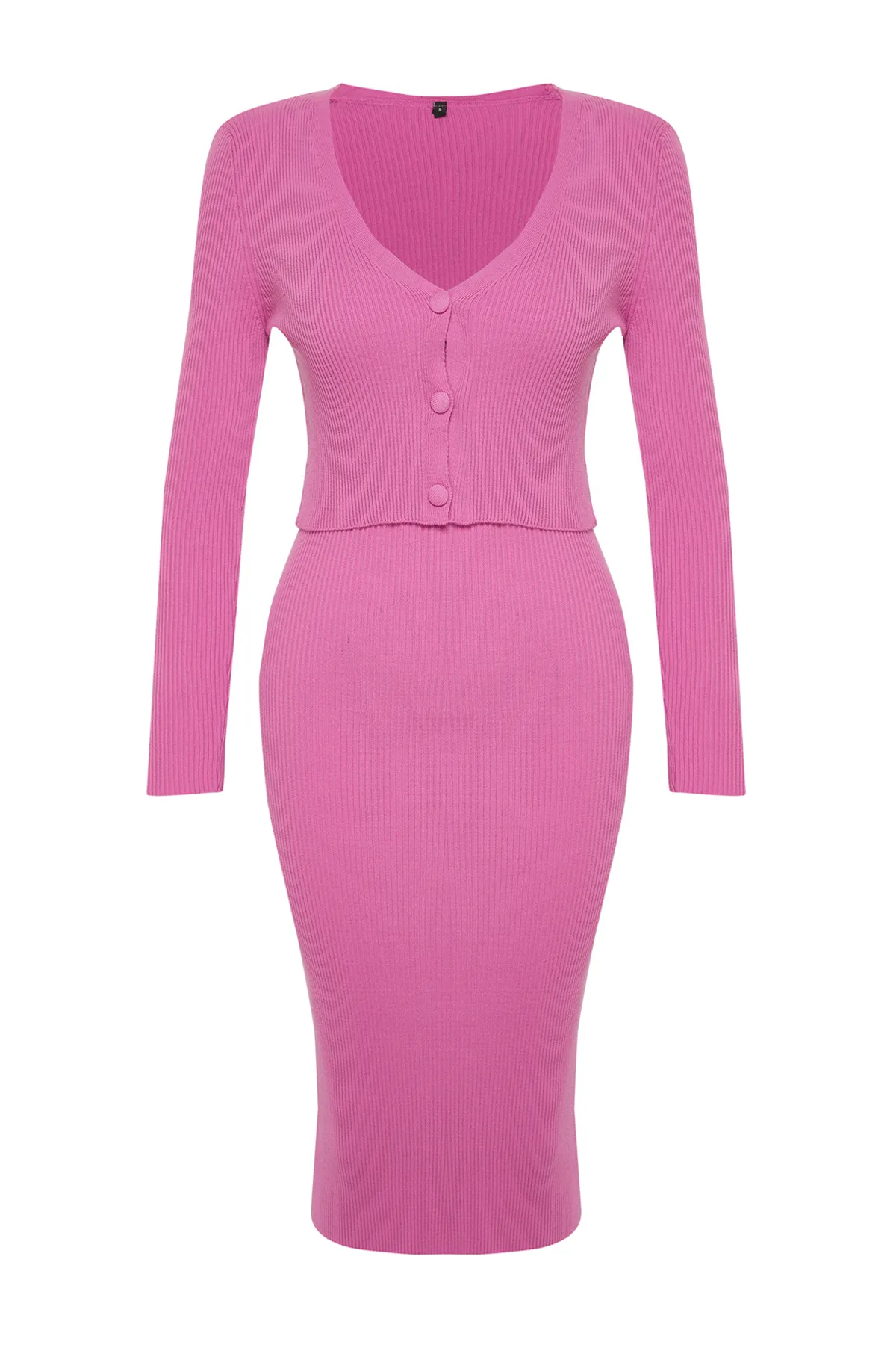 Trendyol Collection  Rosa tailliertes Midi-Strick-Cardigan-Kleid-Set TWOSS21EL0208