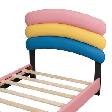 Flieks Polsterbett, Kinderbett Einzelbett mit Regenbogen Kopfteil 90x200cm Kunstlederbezug