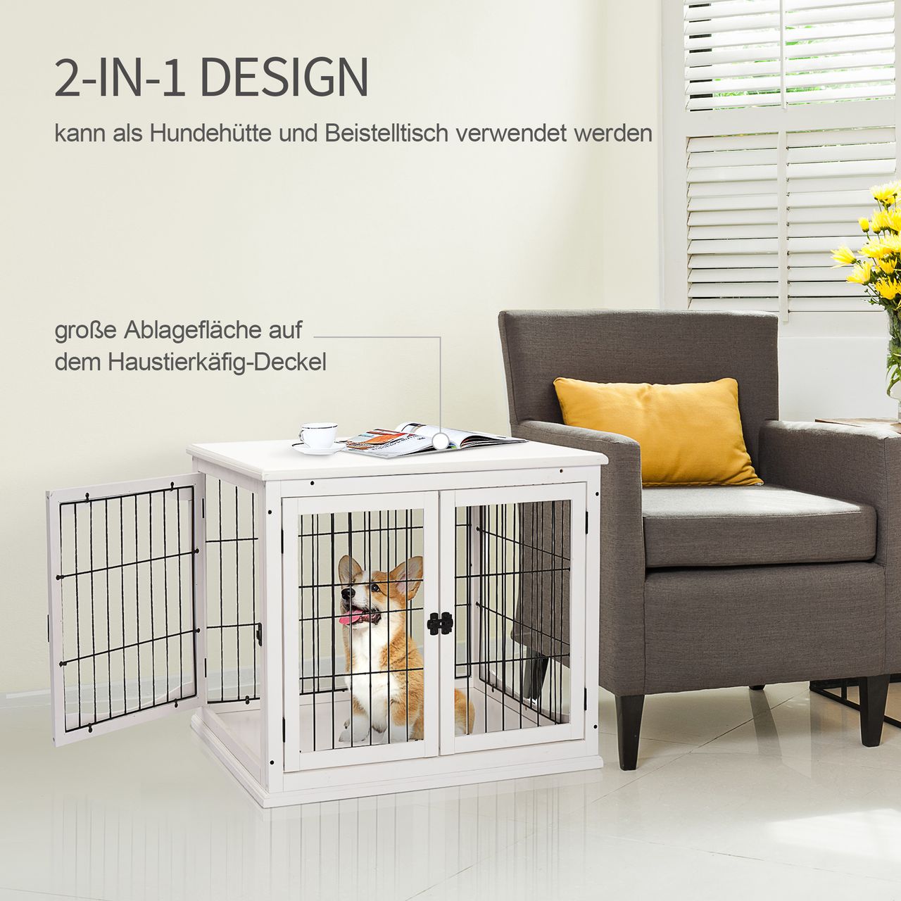 PawHut Hundehütte mit Tischoberfläche, Hundebox für innen, Hundekäfig für Zuhause, 2 Türen, Tierkäfig, Haustier, MDF, Metall, Weiß, 81 x 58,5 x 66 cm