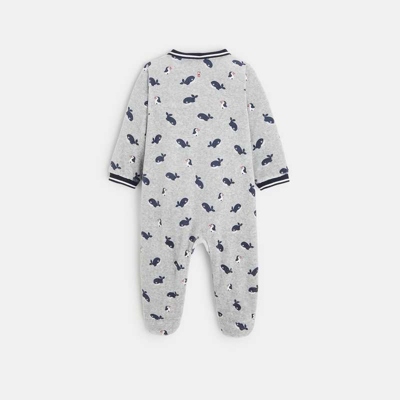 Dors-bien velours baleines et pingouins gris bébé garçon