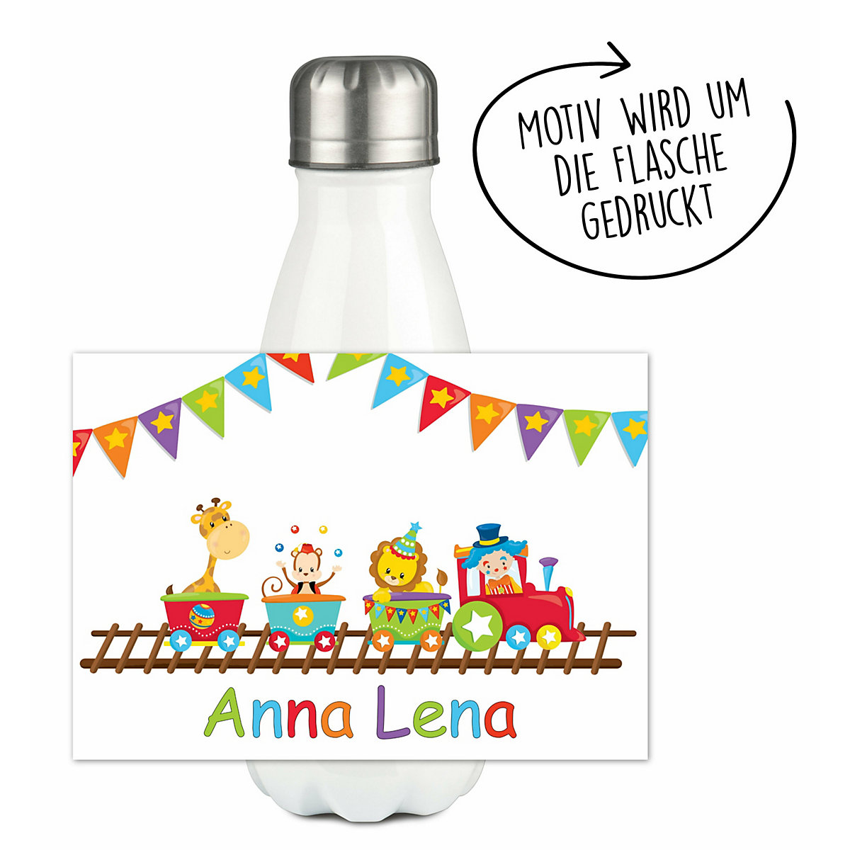 Edelstahl Kinder Thermoflasche / Trinkflasche bunt Zug Spülmaschinenfest, Auslaufsicher, Bruchfest, Doppelwandig, Für Heißgetränke geeignet, Mit Deckel, Isoliert