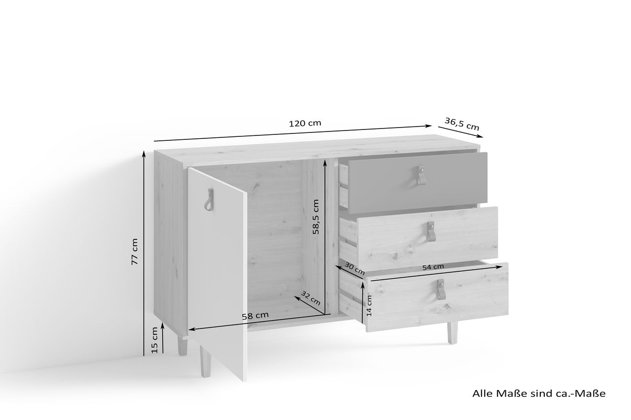 byLiving BILL Sideboard, Breite 120 cm, Eiche-Optik, matt weiß anthrazit