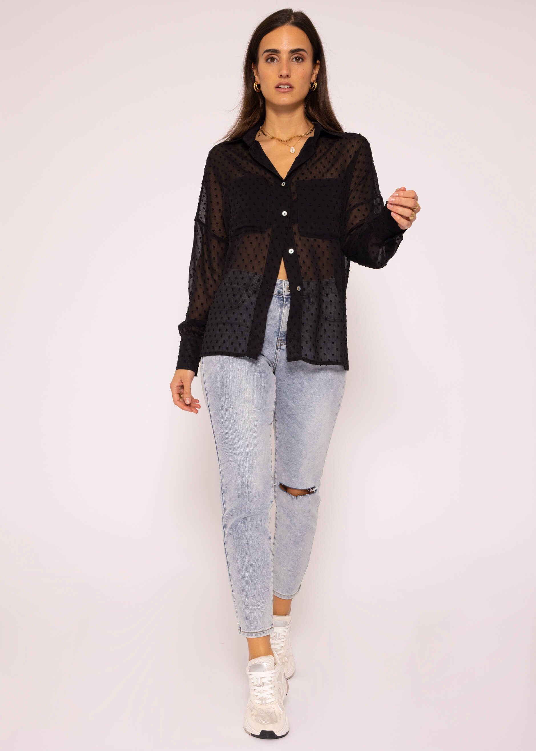 SASSYCLASSY Langarmbluse Oversize Bluse Damen Langarm - elegant & festlich Hemdbluse lang aus Plumetis-Gewebe, V-Ausschnitt, One Size (Gr. 36-42)