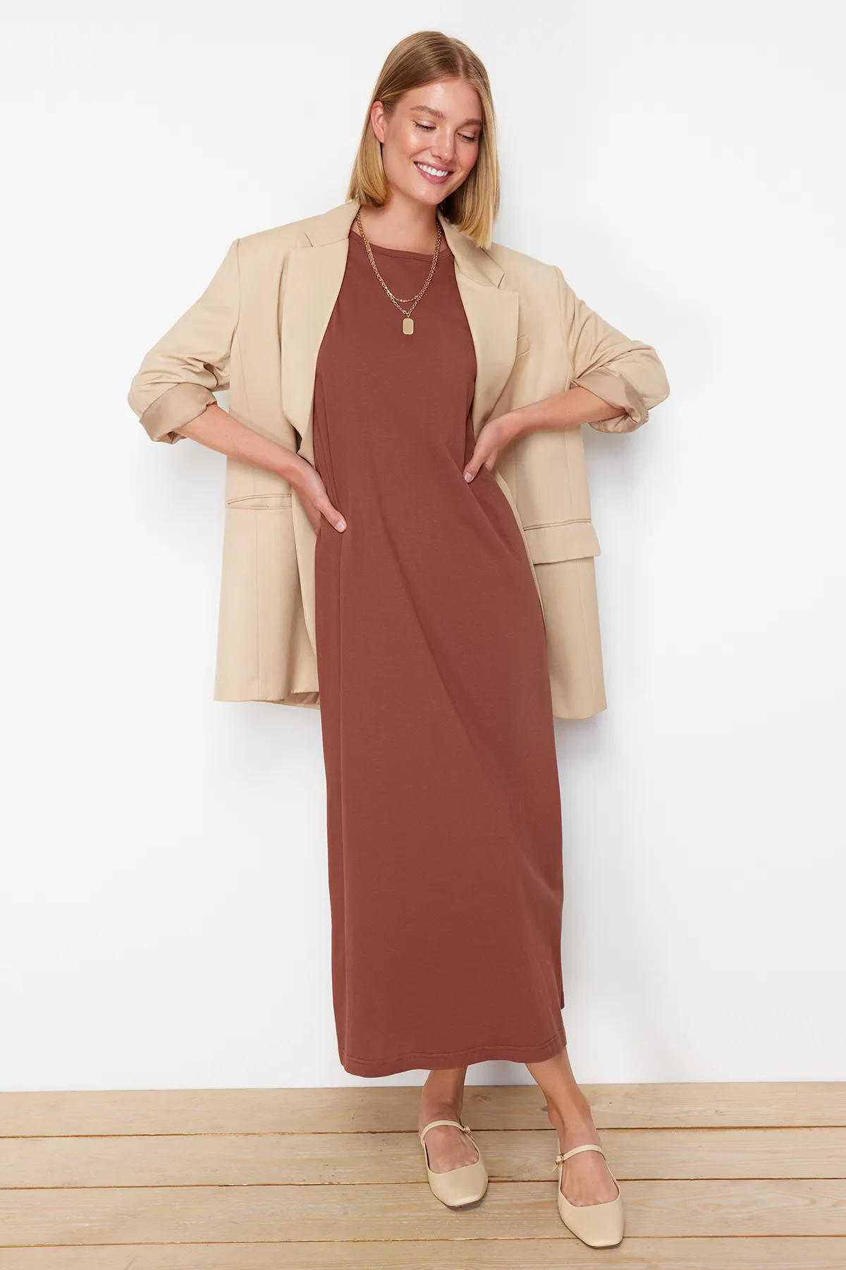 Trendyol Modest  Marineblau-Nerz, 2er-Pack Kleid mit Strickfutter aus 100 % Baumwolle TCTAW22UK0110