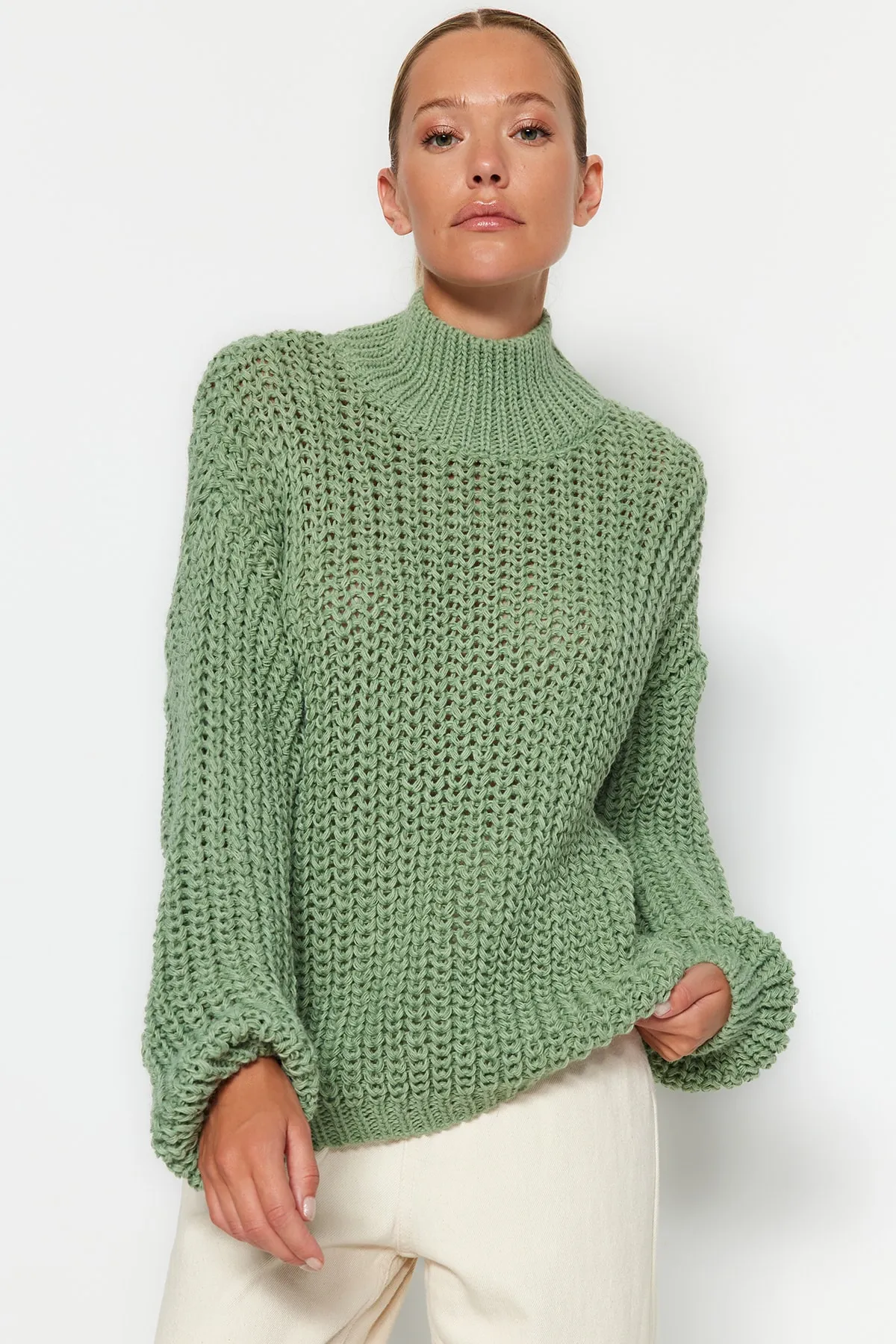Trendyol Collection  Mintfarbener, weich strukturierter Strickpullover mit Basic-Kragen und weiter Passform TWOAW23KZ01810