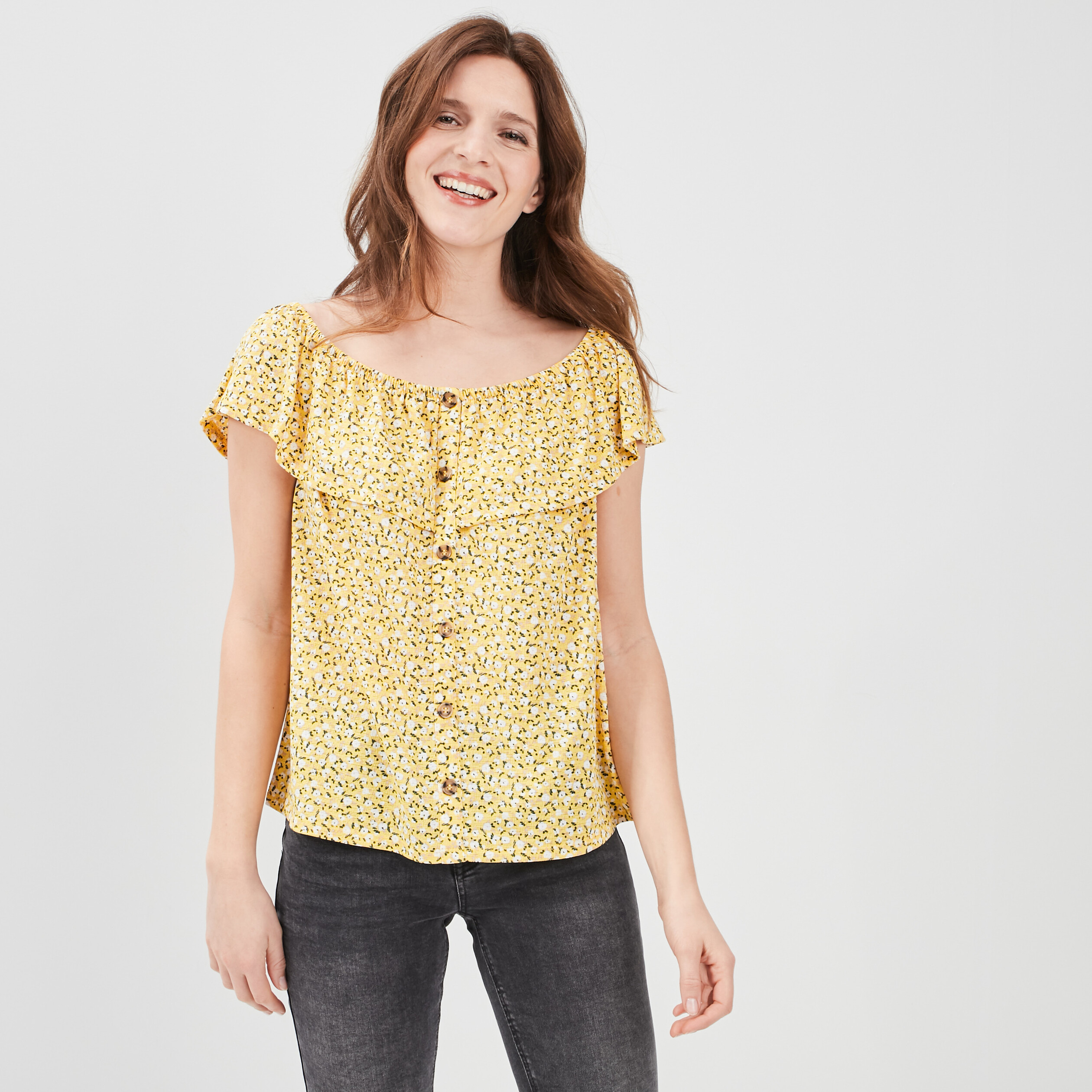 T-shirt col bardot manches courtes jaune citron femme | La Halle