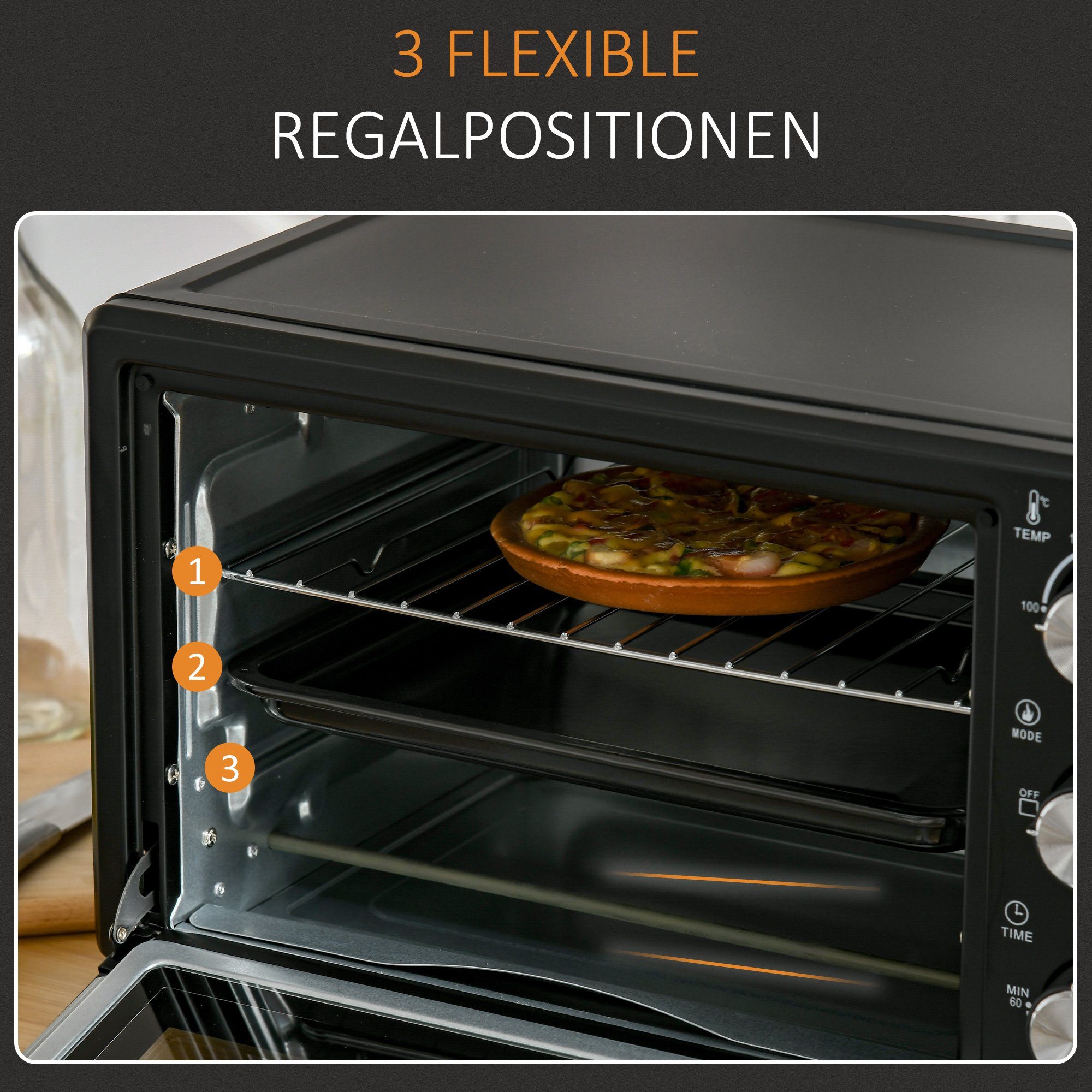 HOMCOM Minibackofen Minibackofen, 21L einstellbare Temperatur Ofen 3 Kochmodi Schwarz+Silber