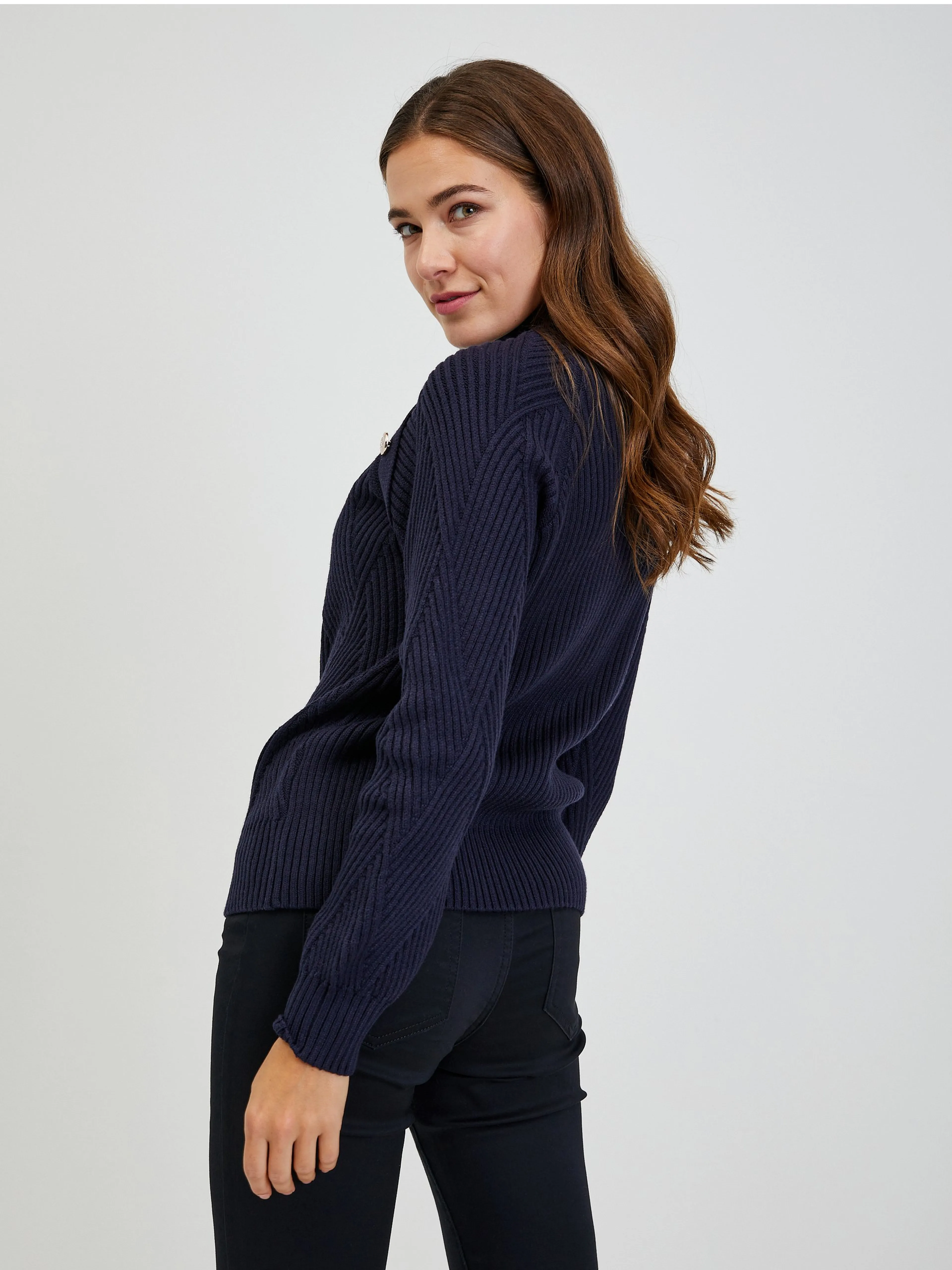 Dunkelblauer Damen Ripppullover mit Dekoknöpfen ORSAY