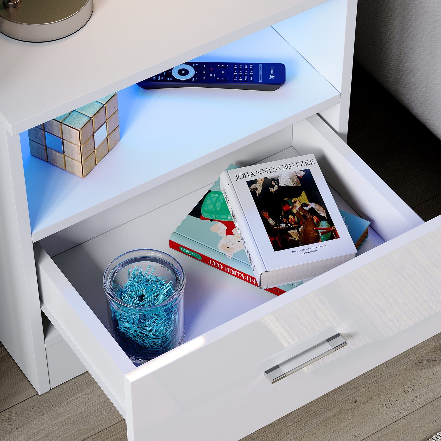SONNI Nachtkonsole Nachttisch mit led beleuchtung,schublade 45x35xH46.5cm, Nachtkommode weiss hochglanz, 45cm breit