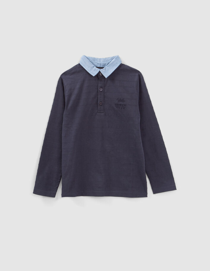 Polo marine col chemise et visuel embossé dos garçon