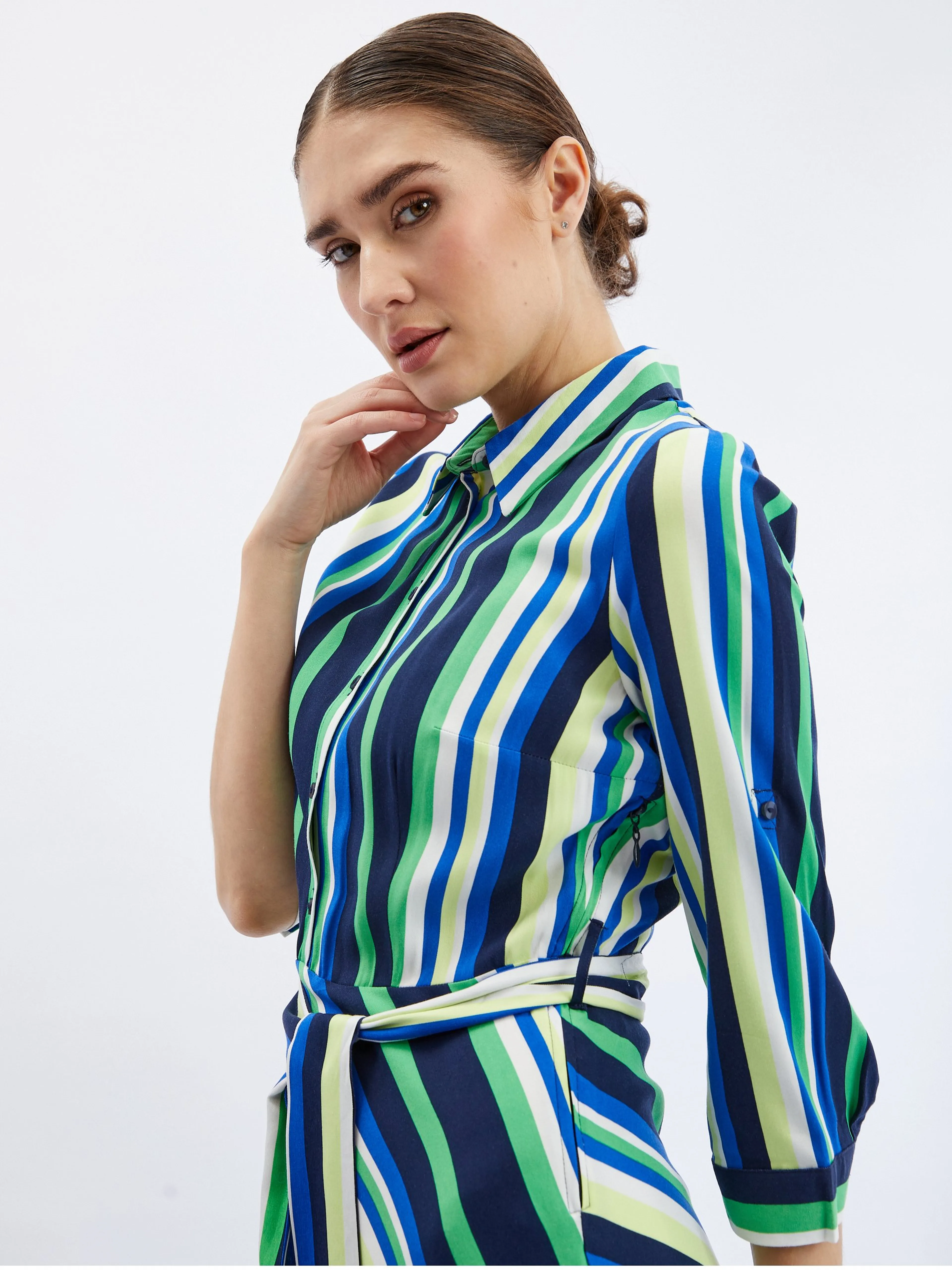 Grün und blau gestreiftes Damen Hemdblusenkleid ORSAY