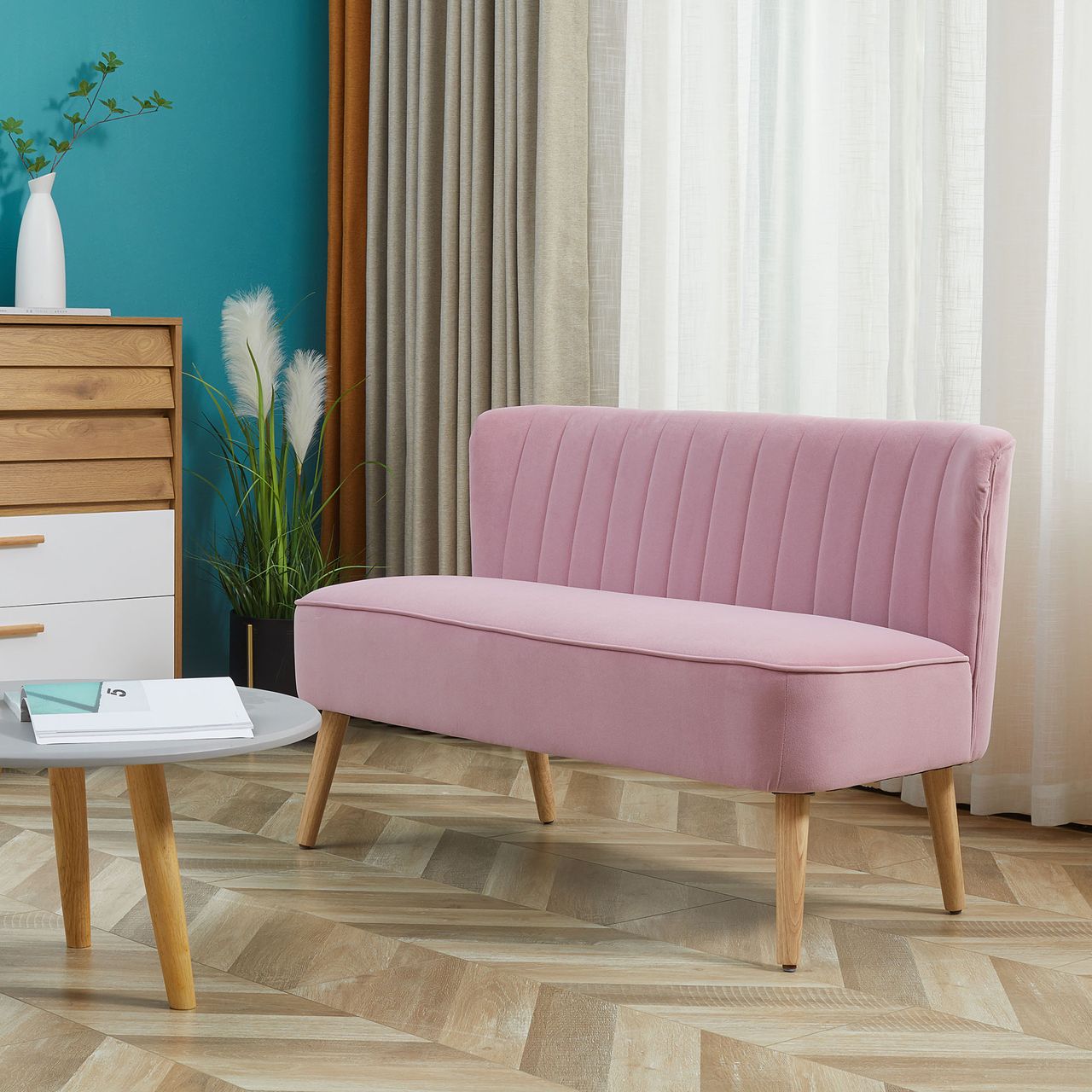 HOMCOM 2-Sitzer Stoffsofa Polstersofa Sitzmöbel Loungesofa Rosa 117 x 56,5 x 77 cm