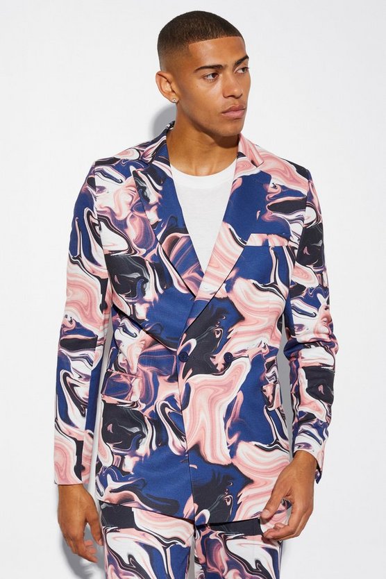 Zweireihige Slim-Fit Anzugjacke mit Marmor-Print