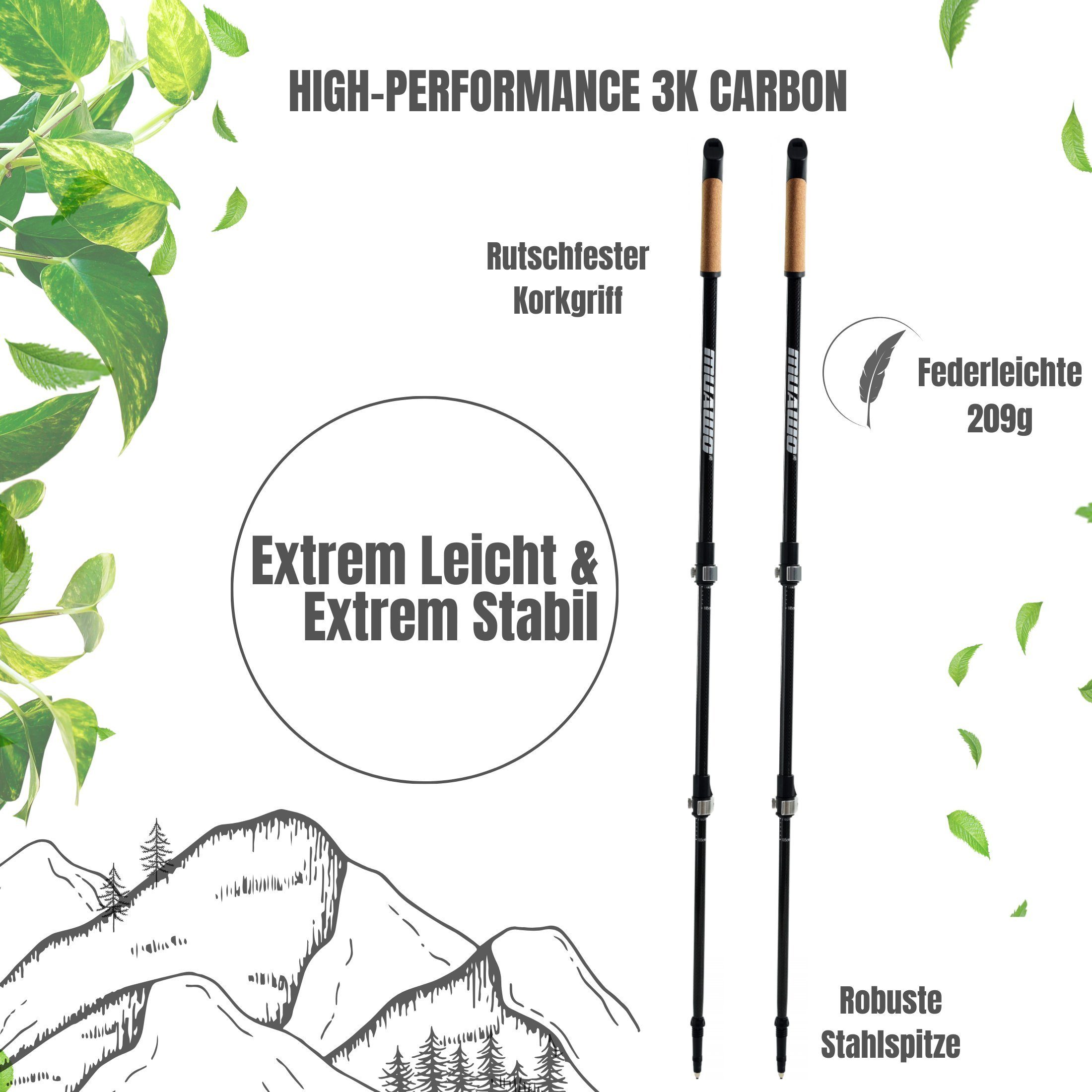 Muawo Nordic-Walking-Stöcke Premium Carbon verstellbar Teleskopstock mit Clickverschluss (praktischer Beutel, Vollständiges Nordic Walking Set mit allen Aufsätzen), federleicht und ultrarobust, Carbon, verstellbar, ergonomisch