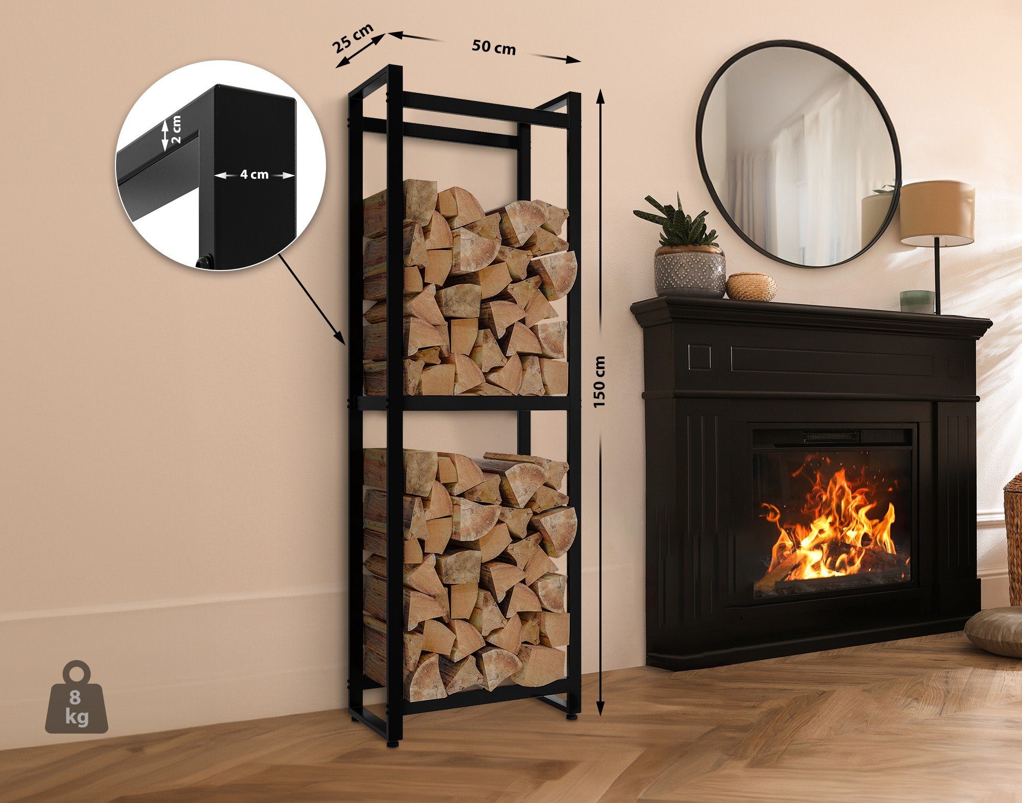 CLP Kaminholzregal Morson, BxTxH:50x25x150 cm, Holzständer aus pulverbeschichtetem Stahl