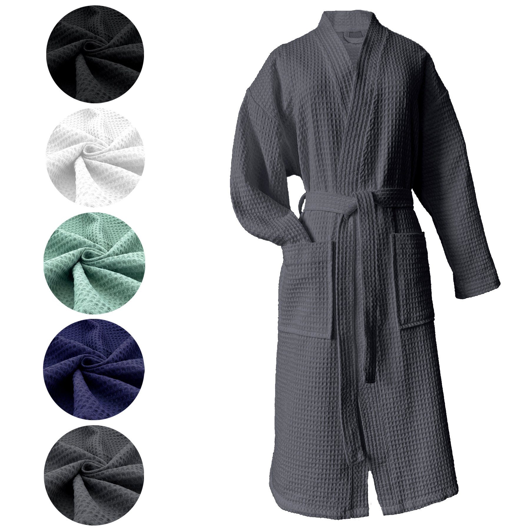 heimtexland Bademantel Reisebademantel Saunamantel Waffelpique Bademantel, Midilänge, 2 Taschen I Bindegürtel, leicht I atmungsaktiv I schadstoffgeprüft I kleines Packmaß