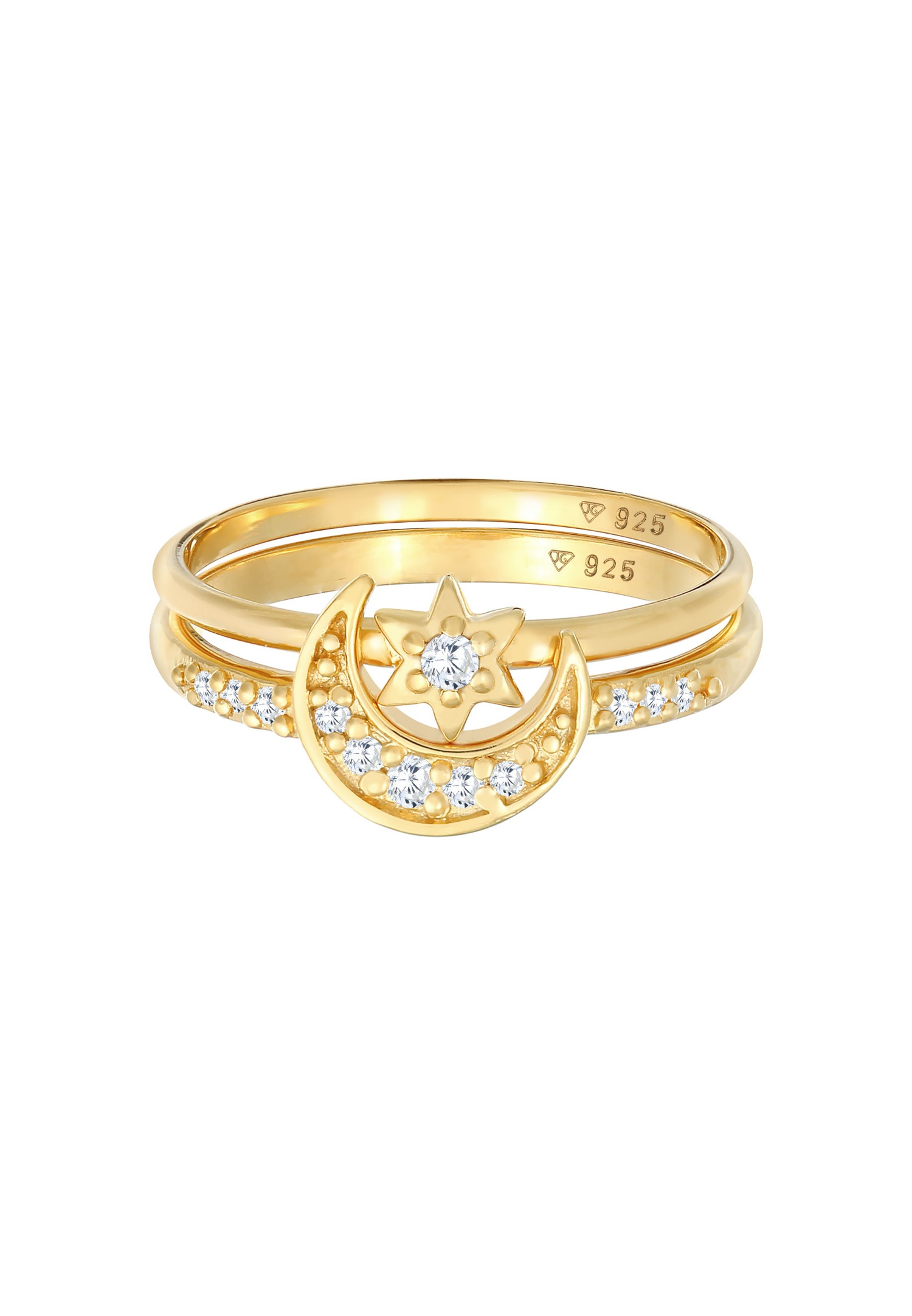 Elli Women's Stackable Ring Set - Star Moon Astro Trend with Cubic Zirconia Crystals in 925 Sterling Silver