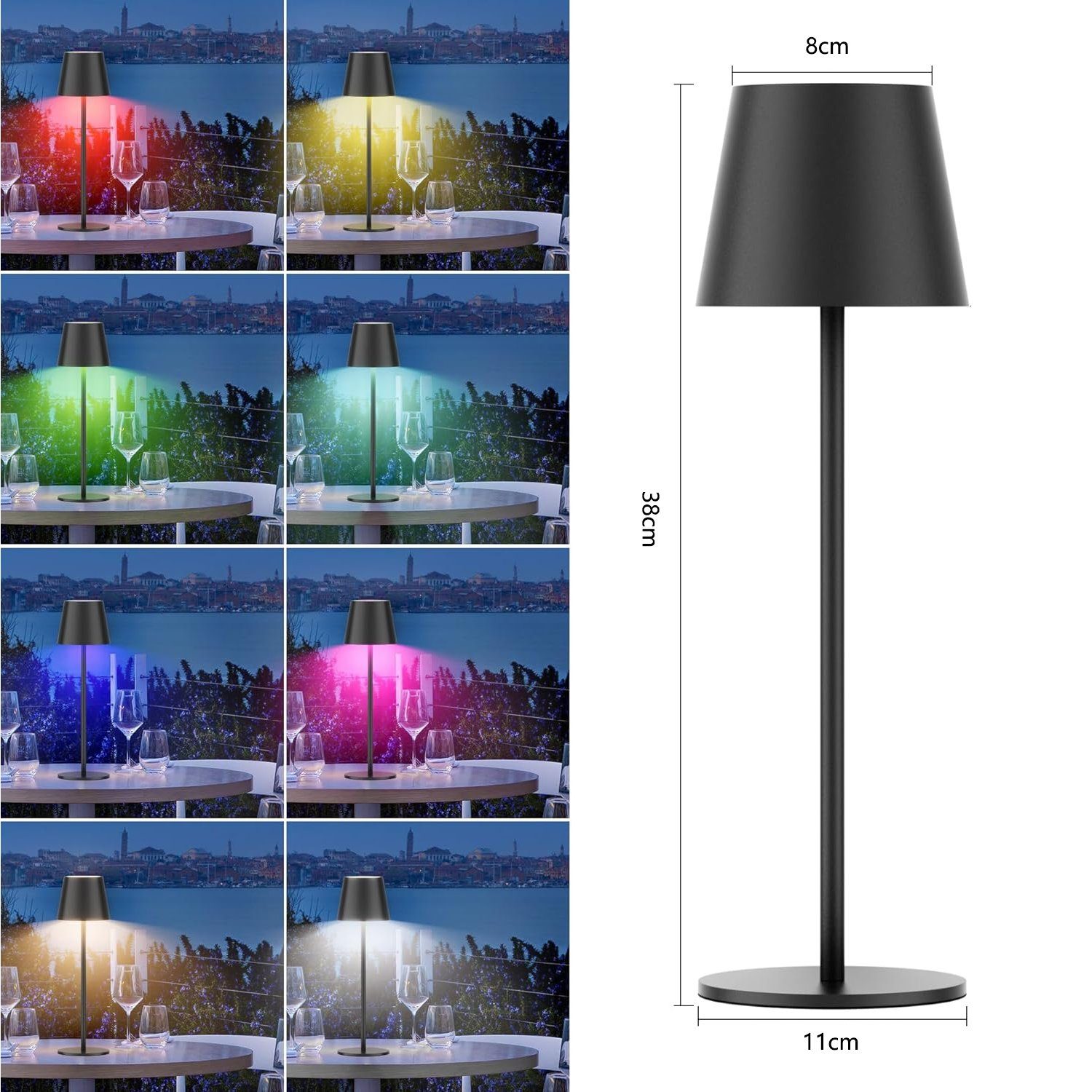 AKKEE LED Tischleuchte Außen-Tischleuchte Tischleuchten Kabellos Schwarz LED Tischlampe, Wiederaufladbar, LED fest integriert, 8 Farben verfügbar+ Dimmbare Tischleuchte, mit Touch-Schalter für Innen und Außenbereich
