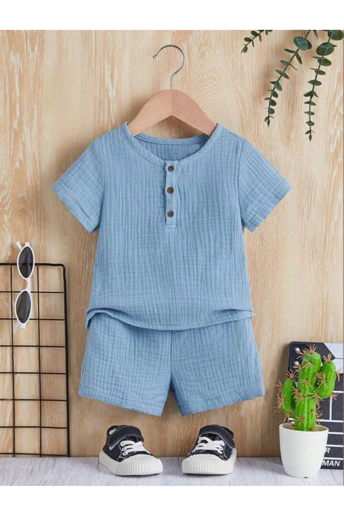 Bubito  Unisex-Set mit geknöpften Musselin-Unterhosen und Shorts aus 100 % Baumwolle für Babys und Kinder, Blau