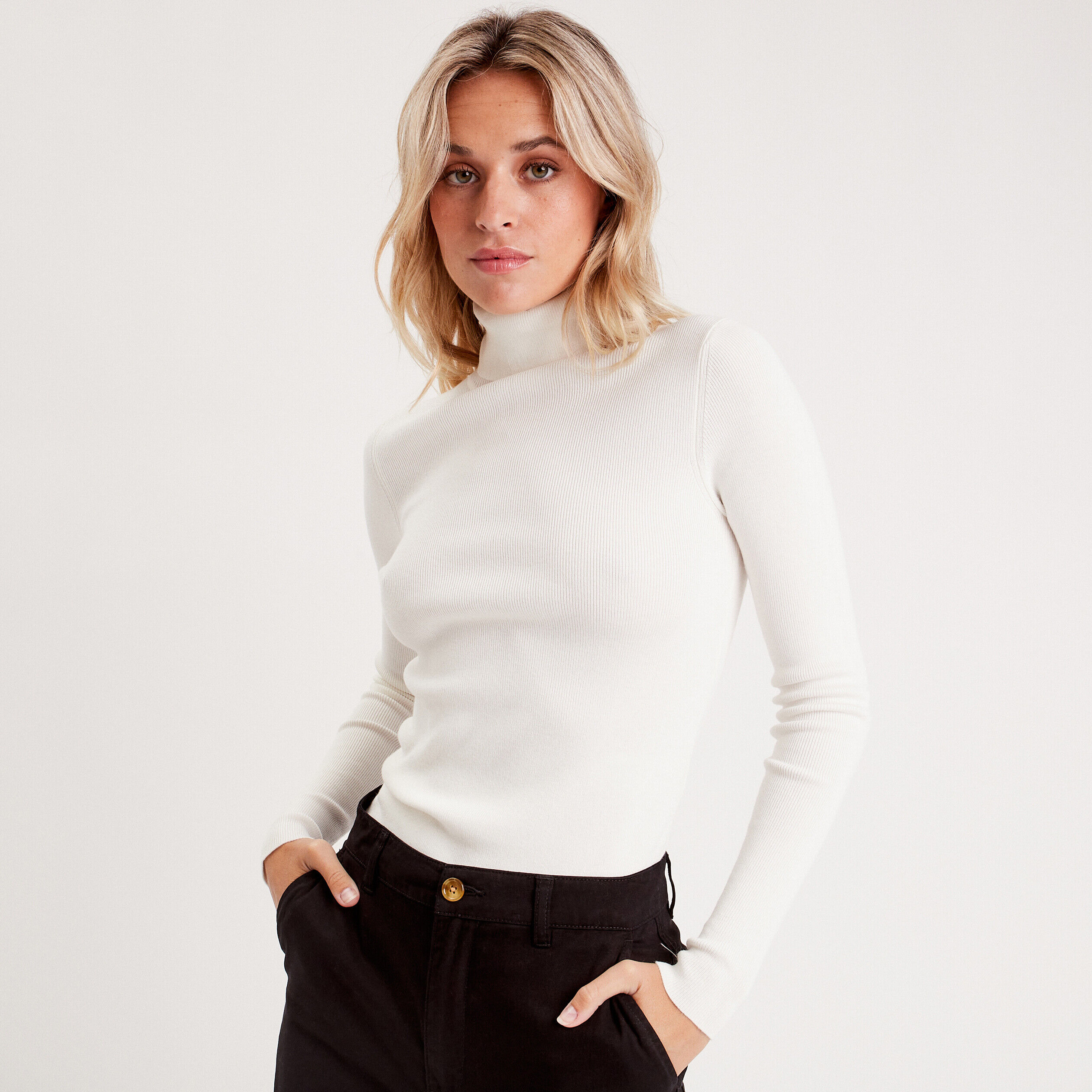 Pull côtelé col roulé ecru femme | Cache Cache