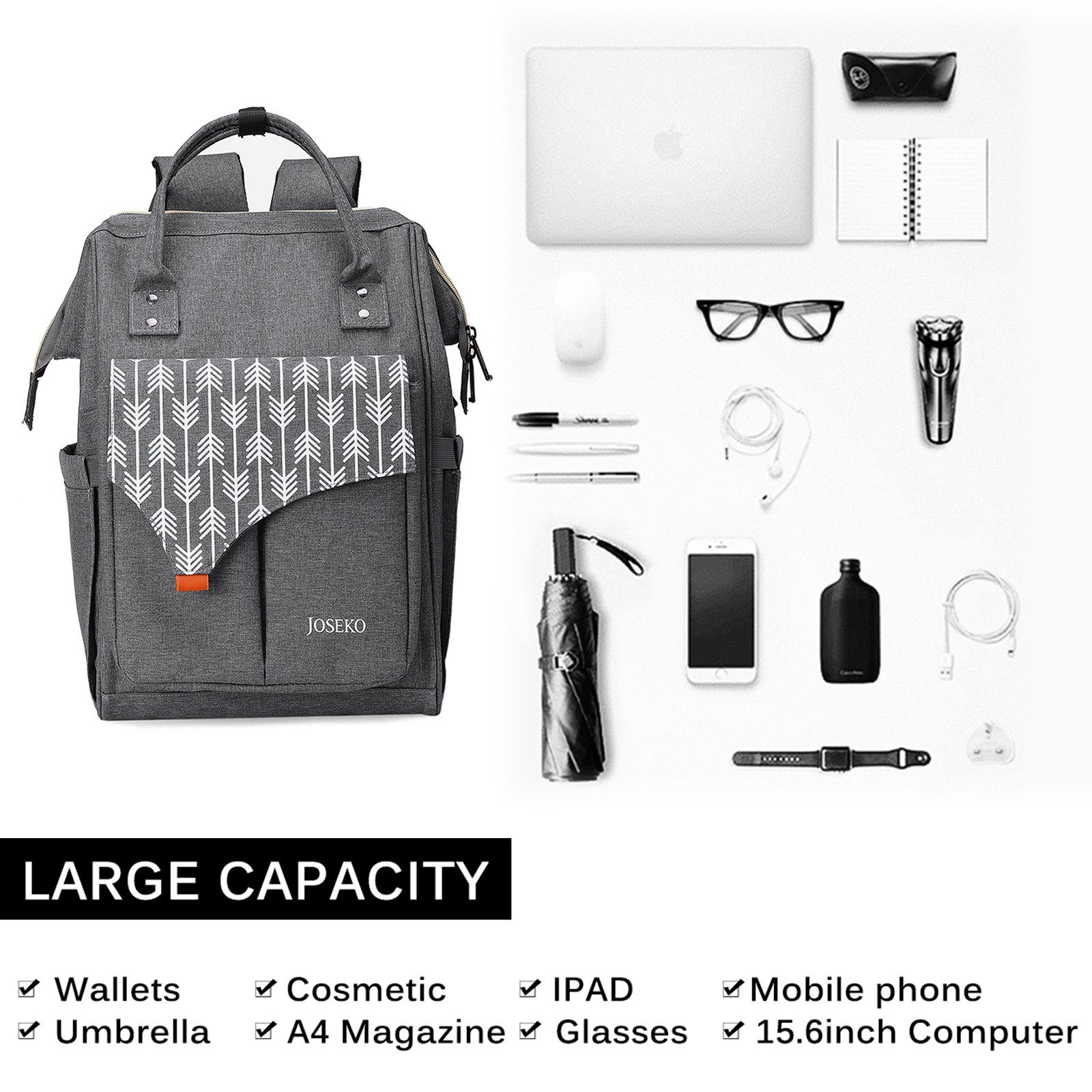 JOSEKO Daypack Tasche Rucksack Dark Gray: Praktisch & Modisch! (USB-Charger/USB-Ladestecker), Viele Fächer + Taschen, großer Stauraum, daily Backpack