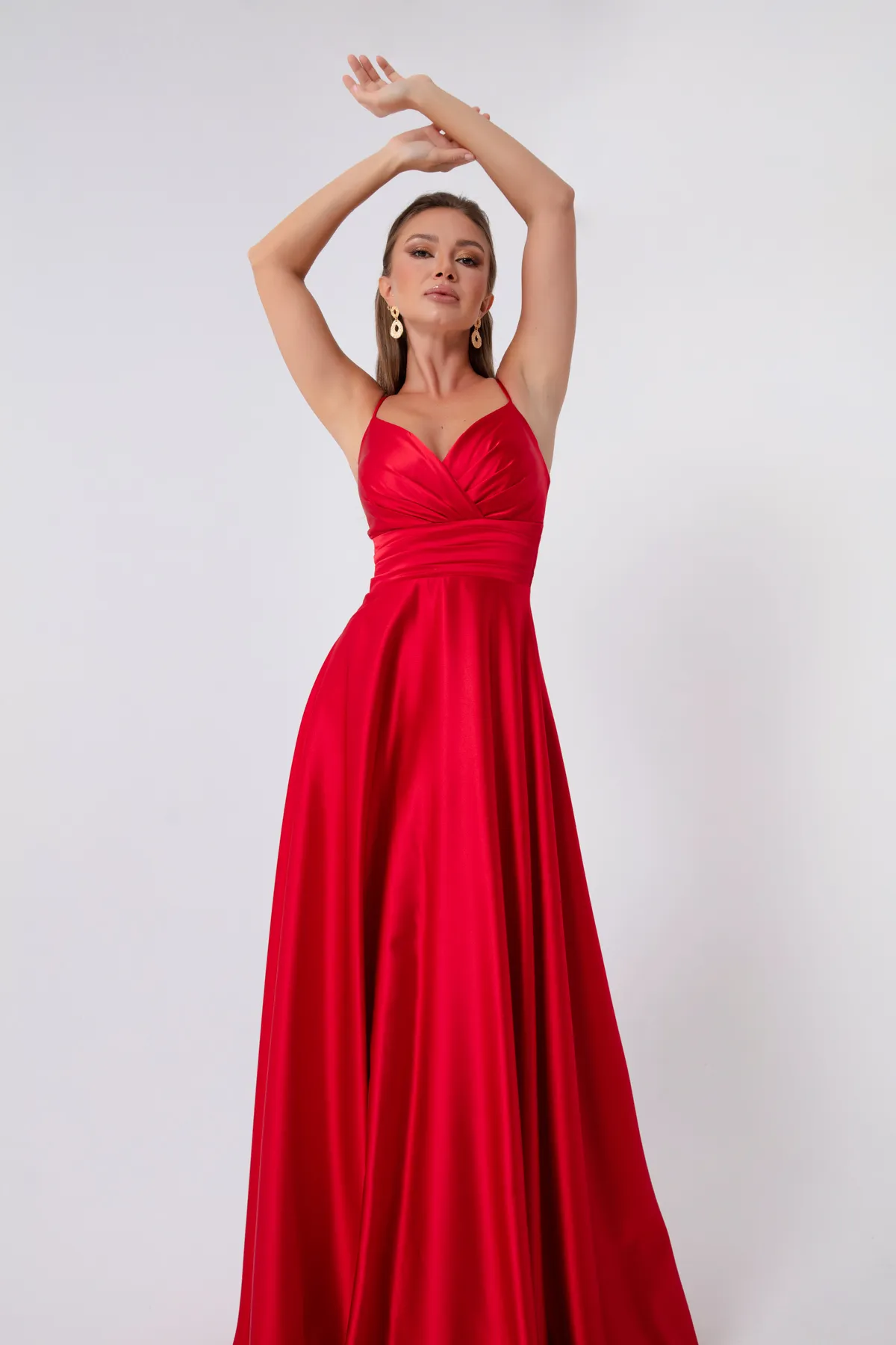 Lafaba  Langes Abendkleid aus Satin mit roten Seilträgern und Taillengürtel für Damen & Abschlussballkleid