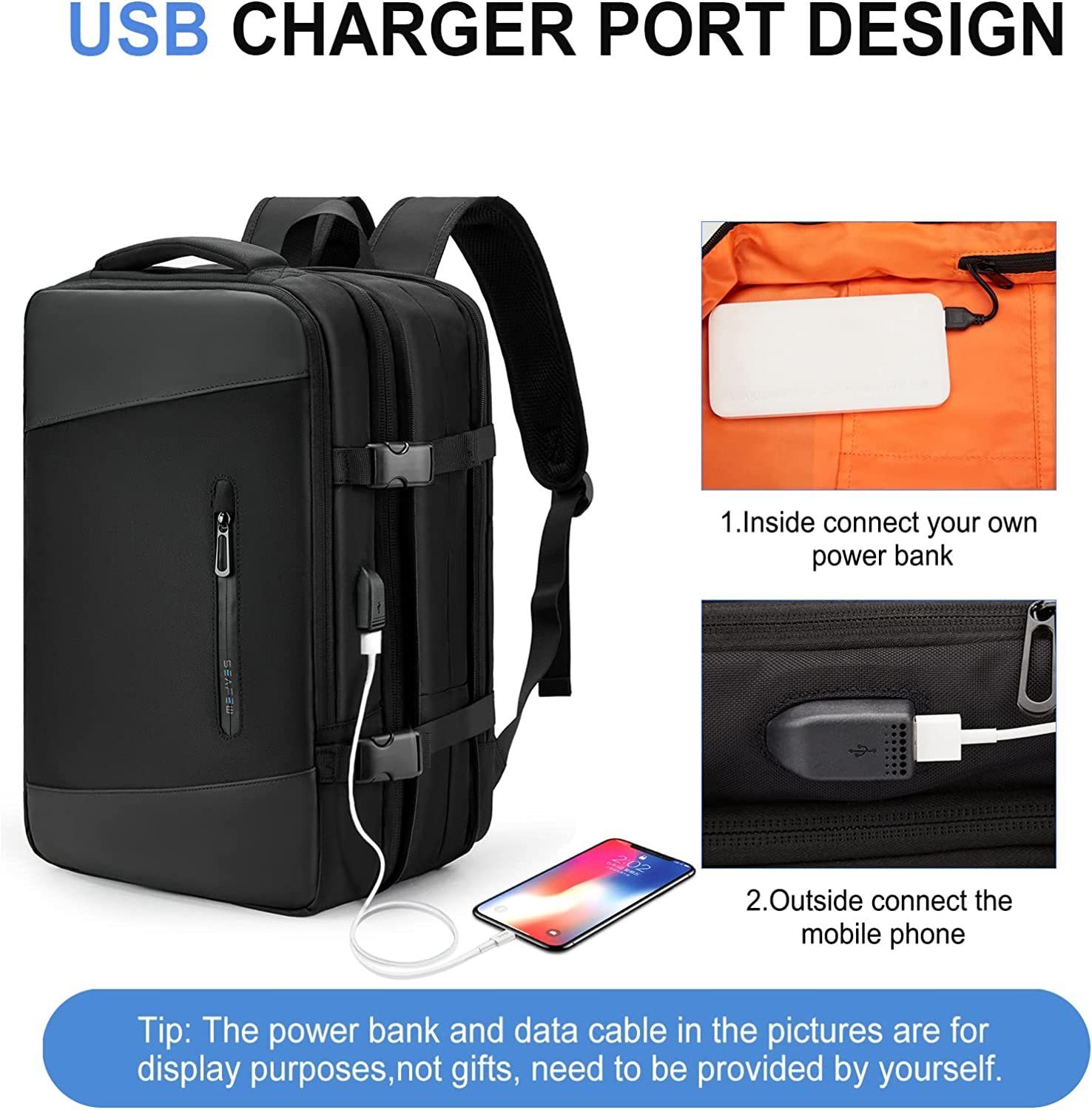 Directin Reiserucksack Reiserucksack, Lässiger Tagesrucksack Schultasche, Laptop Rucksack (26-40L, Für Laptop bis 15,6,16,17 Zoll, mit USB-Lade-Anschluss), mit 2 Laptopfach (passend für ein 15,6