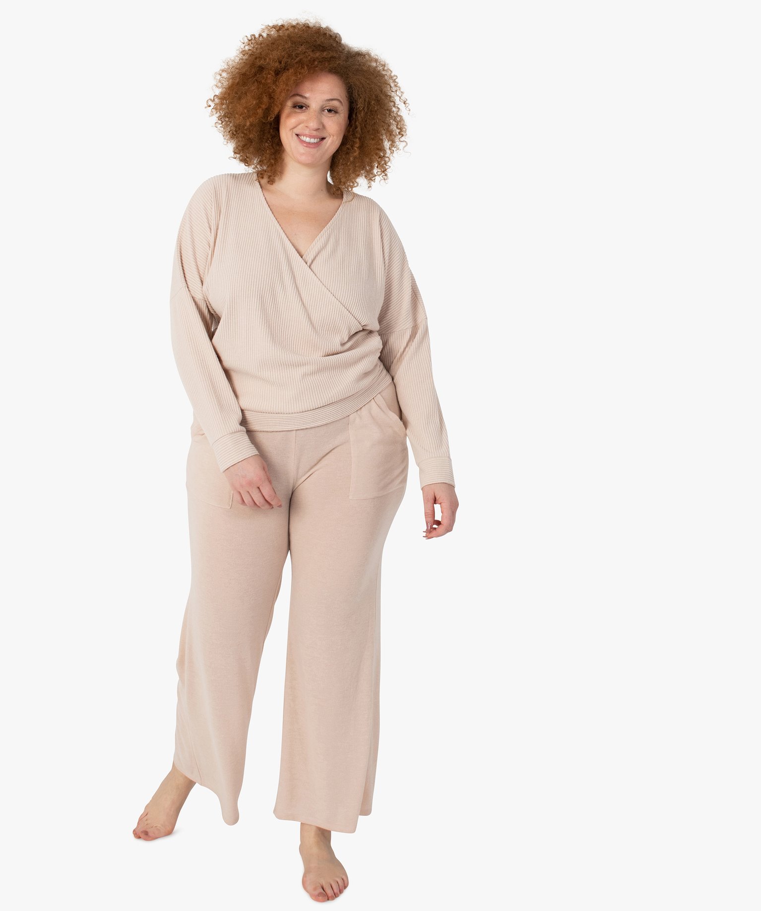 Tee-shirt femme grande taille à manches longues forme cache... beige | GEMO