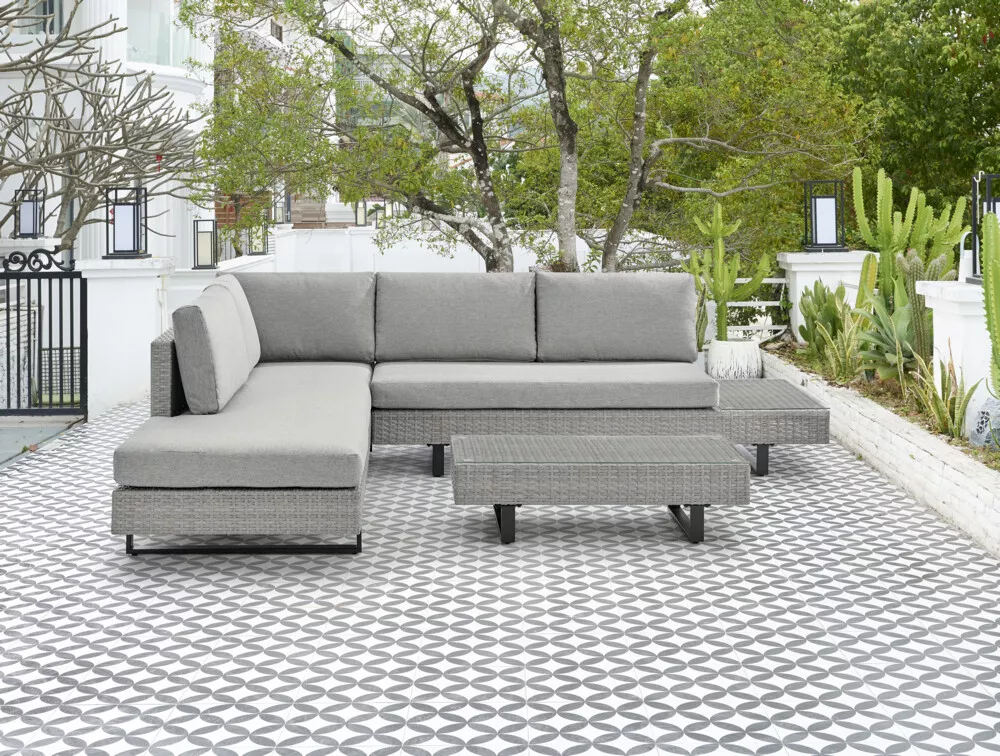 Never Indoor Rattan Sitzgarnitur 12 tlg. Eckloungeset mit Tischablage & Polsterkissen grau