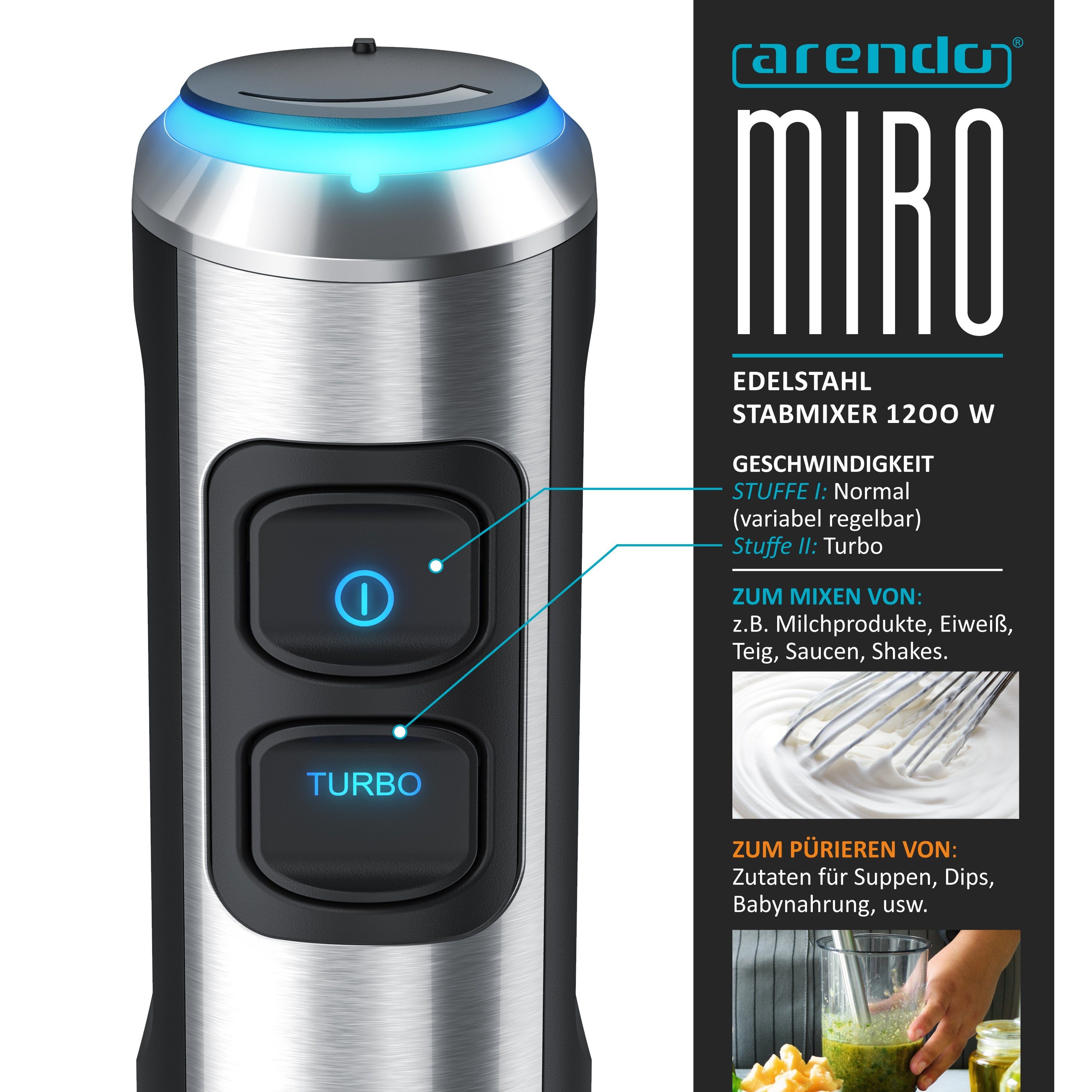 Arendo Stabmixer, 1200 W, Edelstahl, mit Schneebesenaufsatz, Pürierstab mit abnehmbarem Mixfuß