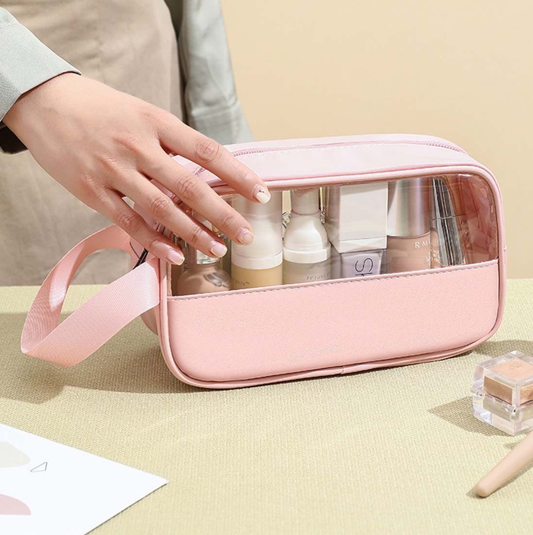 FIDDY Aufbewahrungstasche Transparente Kosmetik-Kulturtasche für Damen,Kulturbeutel (Aufbewahrungstasche und tragbarem Reisetaschen-Set mit großem Fassungsvermögen, 3-tlg)