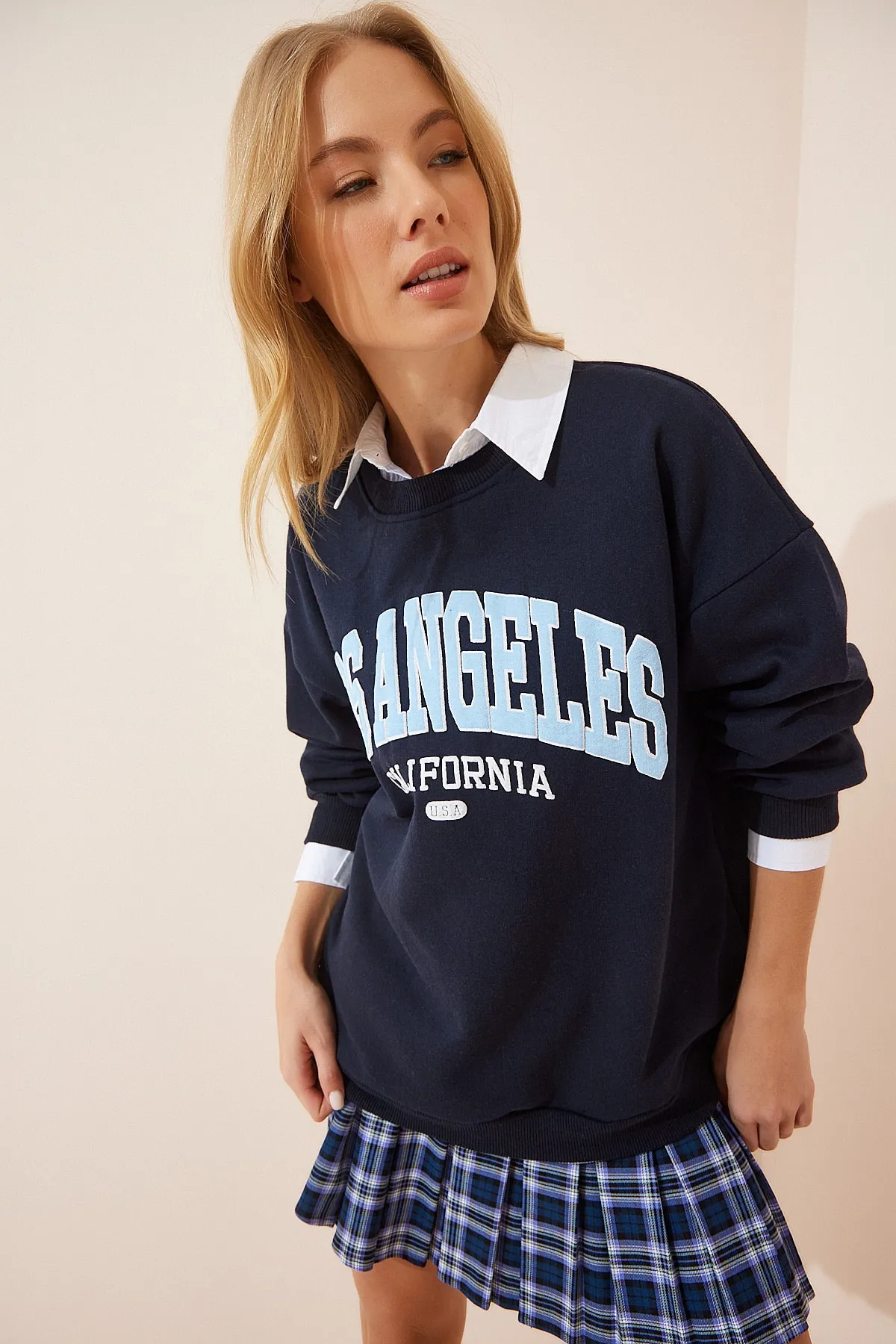 Happiness İstanbul  Marineblaues, bedrucktes Strick-Sweatshirt mit Reliefmuster für Damen DZ00064