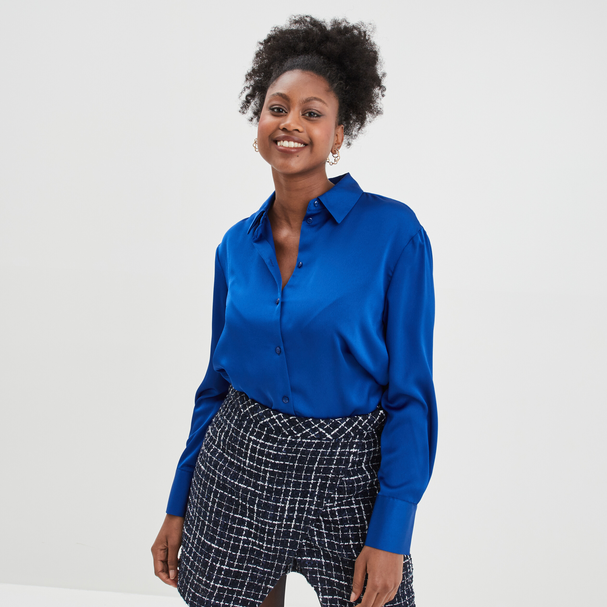 Chemise satin manches longues bleu electrique femme | La Halle
