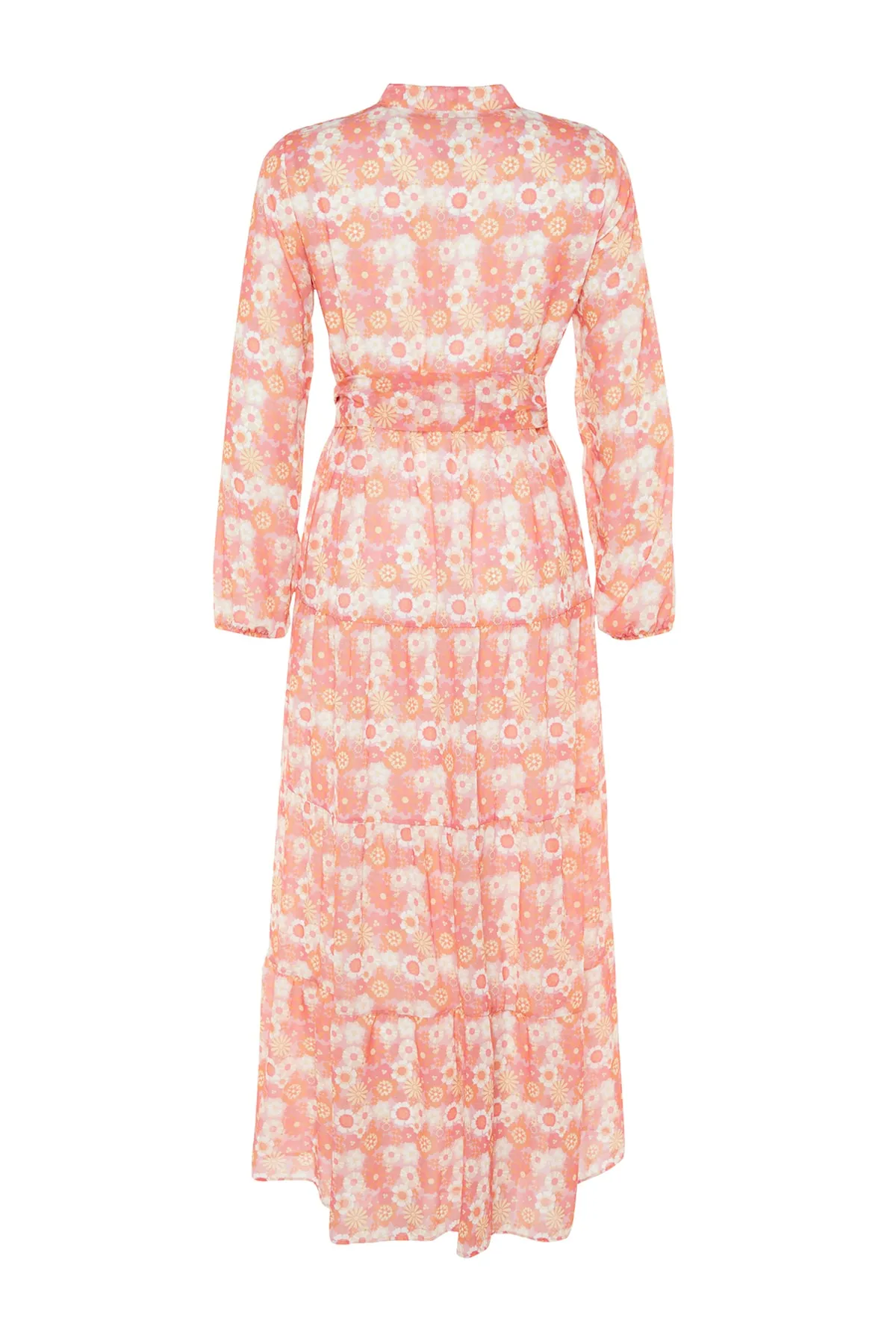 Trendyol Modest  Rosa Kleid aus gewebtem Chiffon mit Blumenmuster, Gürtel, Stehkragen und Futter TCTSS21EL3346