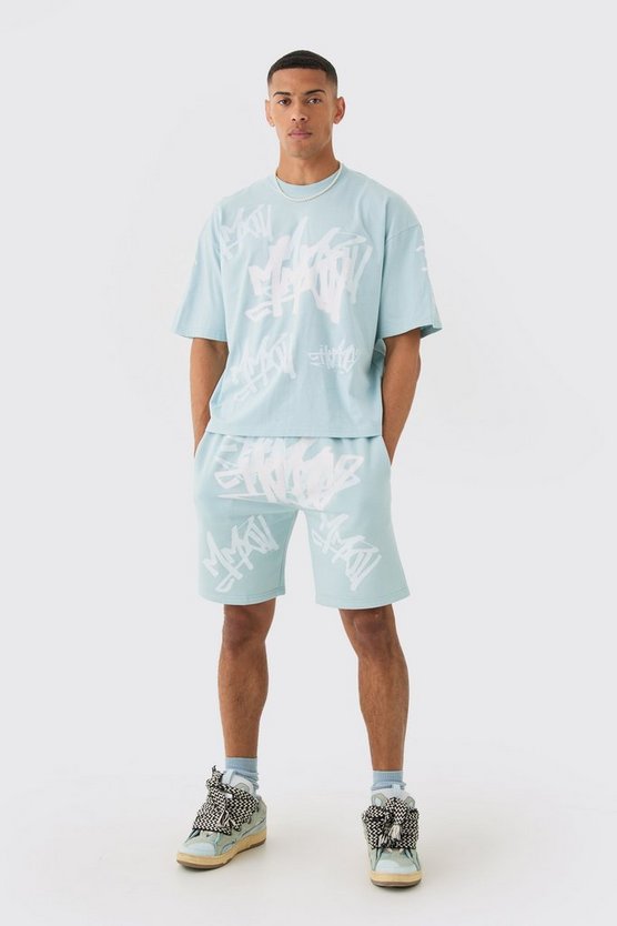 Lockere Jersey-Shorts mit Graffiti-Print