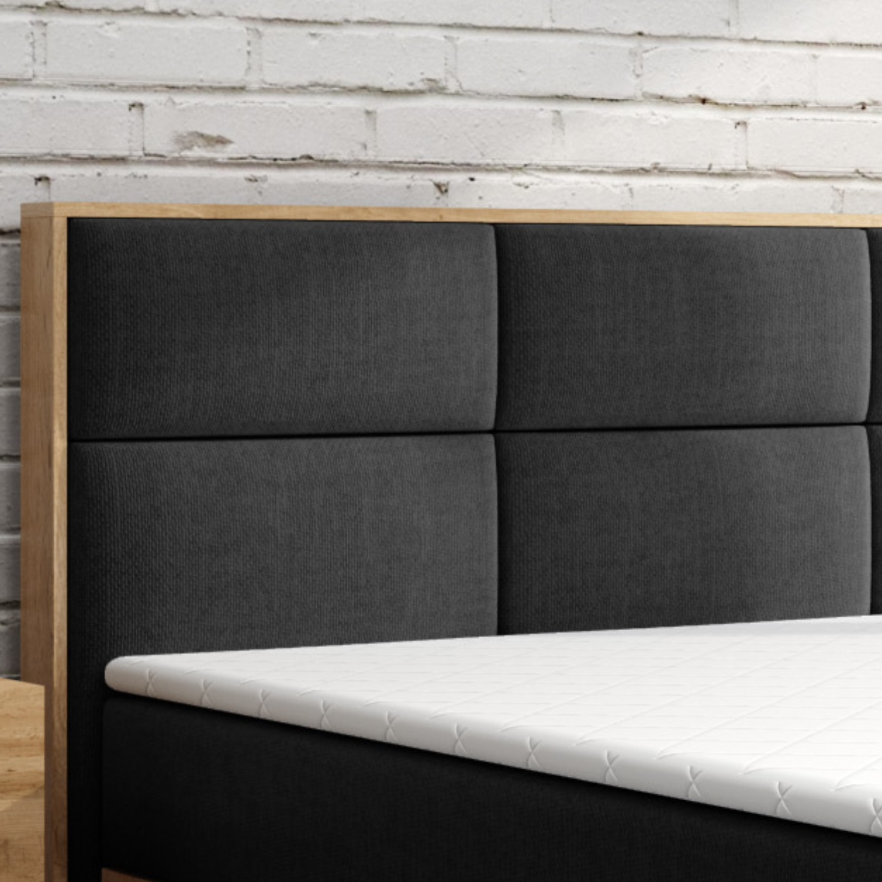 Möbel Punkt Boxspringbett LISSABON Eiche Holz mit Bettkasten 180 x 200 cm Webstoff Schwarz Anthrazit