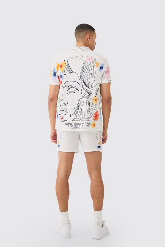 Kurzärmliges florales Satin-Hemd & Shorts
