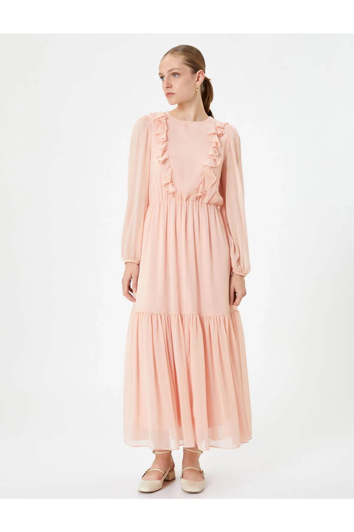Koton  Chiffon-langes Kleid, Ballonärmel, Rüschen, Rundhalsausschnitt