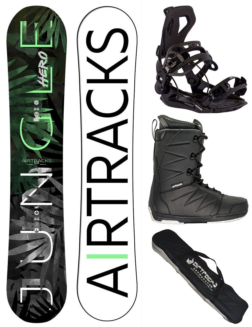 Airtracks Snowboard Snowboard Komplett Set Jungle Hero Wide Mod. 22/23 (4er Pack), Snowboard + Bindung Master + Boots + Sb Bag / 152 155 158 cm