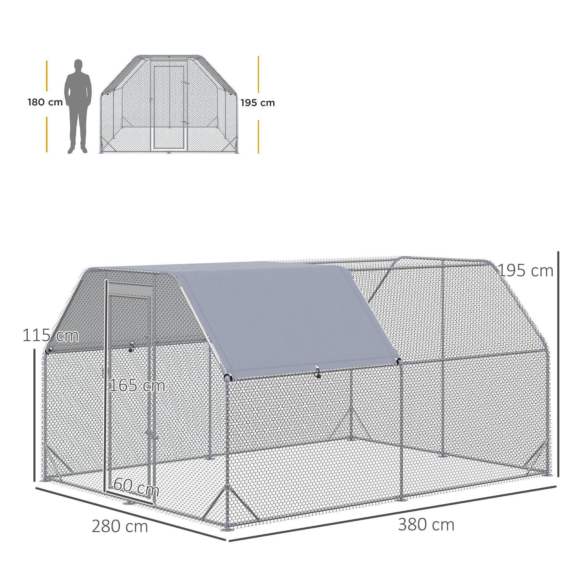 PawHut Hühnerstall 280x380x195cm Freilaufgehege, Hühnerkäfig mit Tür, Sonnenschutzdach, Geflügelstall für 10-12 Hühner, Oxford, Silber