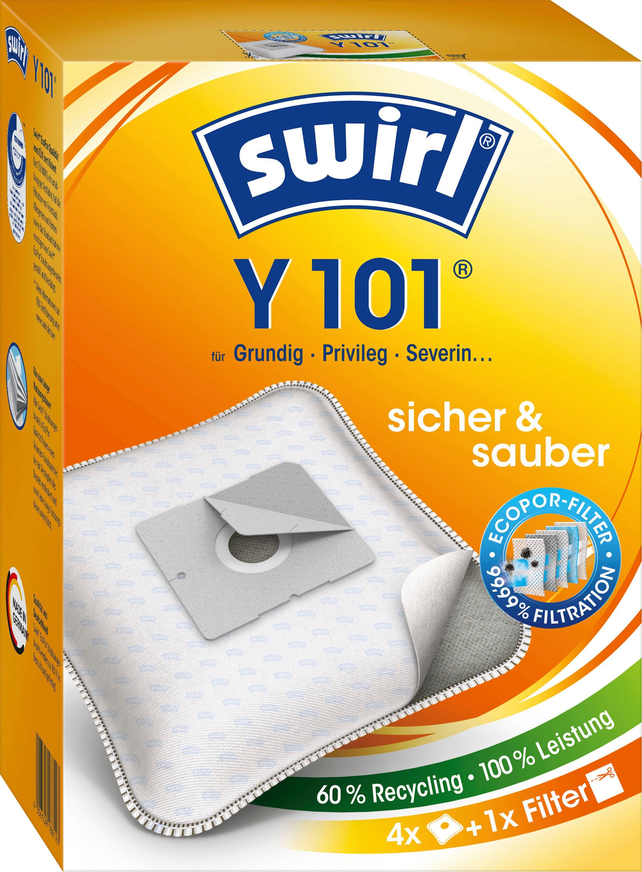Swirl Staubsaugerbeutel Y 101, passend für AEG, Dirt Devil, Fakir, Hoover, Severin, Grundig, 4er- Pack