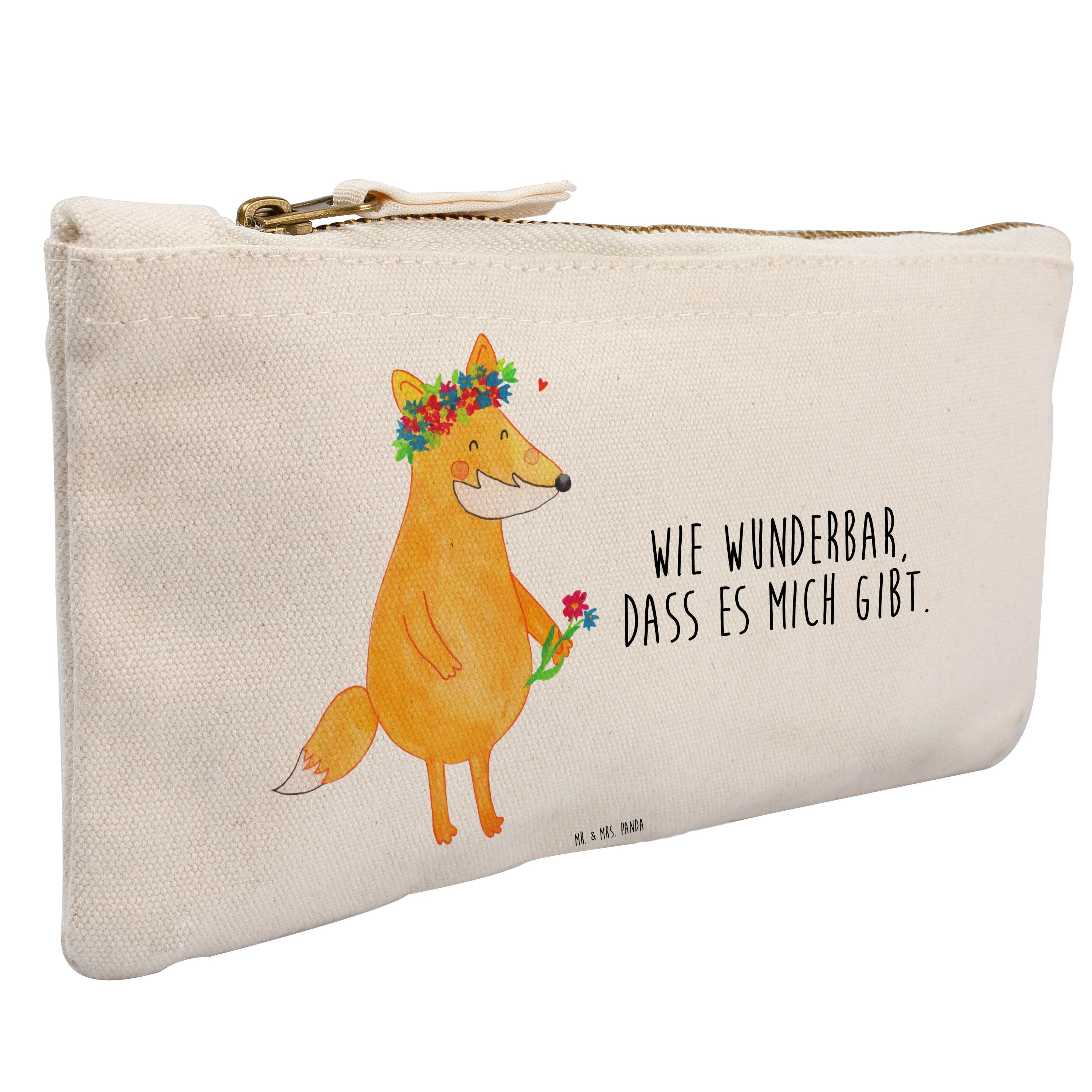 Mr. & Mrs. Panda Kosmetiktasche Fuchs Blumenliebe - Weiß - Geschenk, Freude, Makeup, Stiftemäppchen, (1-tlg)