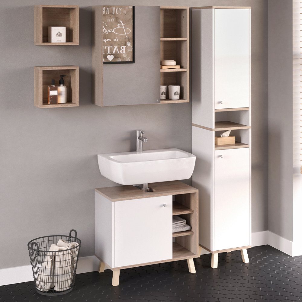 Vicco Badmöbel-Set Badezimmerset SENYO Sonoma / Weiß Set 6, (5er-Set, 5-St., 5-er Set)