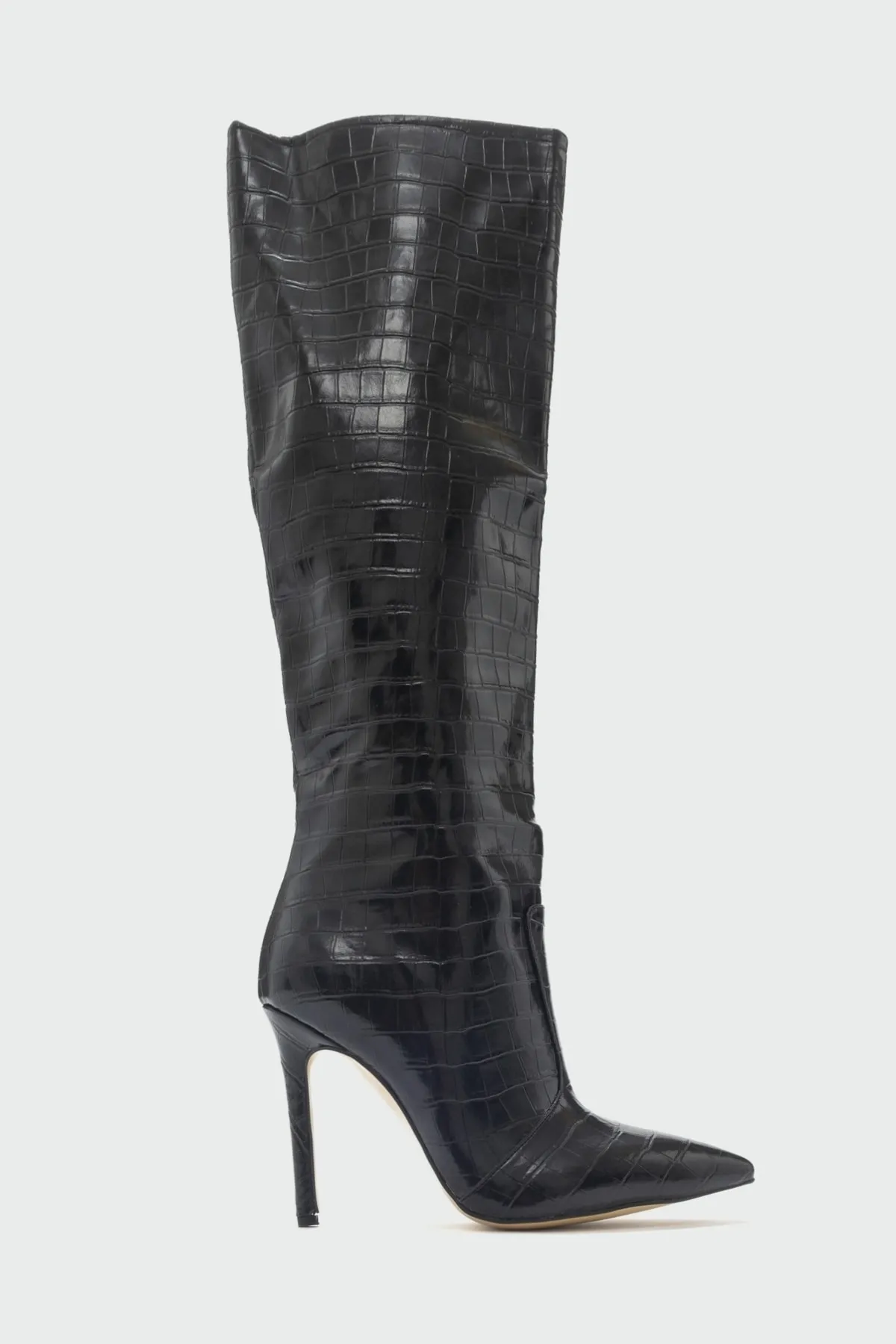 LuviShoes  Marineblaue, schwarz bedruckte Damenstiefel mit Absatz