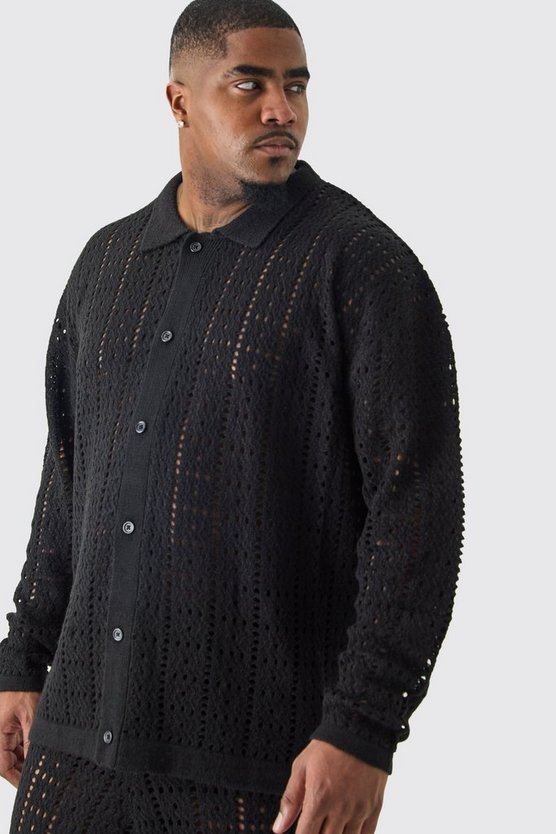 Plus langärmliges gehäkeltes Oversize Hemd in schwarz