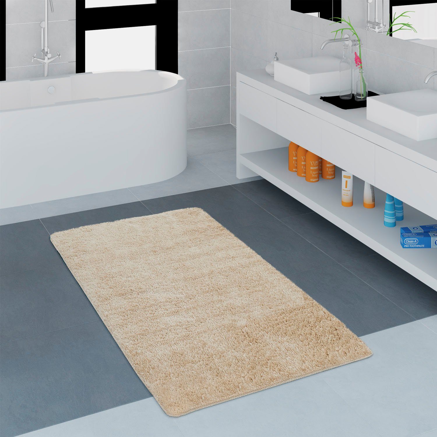 Badematte Lagos 750 Paco Home, Höhe 24 mm, rutschhemmend beschichtet, fußbodenheizungsgeeignet, Polyester, rechteckig, Badteppich, Uni Farben, besonders weich durch Mikrofaser